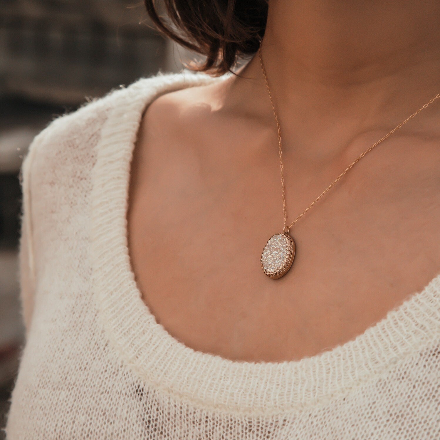 SPIRA Handcrafted 14k Yellow Gold Filled White Agate Druzy Loop Pendant Chain Druzy Gemstone Casual Necklace Druzy Pendant Druzy Necklace