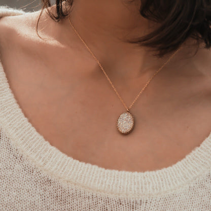 SPIRA Handcrafted 14k Yellow Gold Filled White Agate Druzy Loop Pendant Chain Druzy Gemstone Casual Necklace Druzy Pendant Druzy Necklace