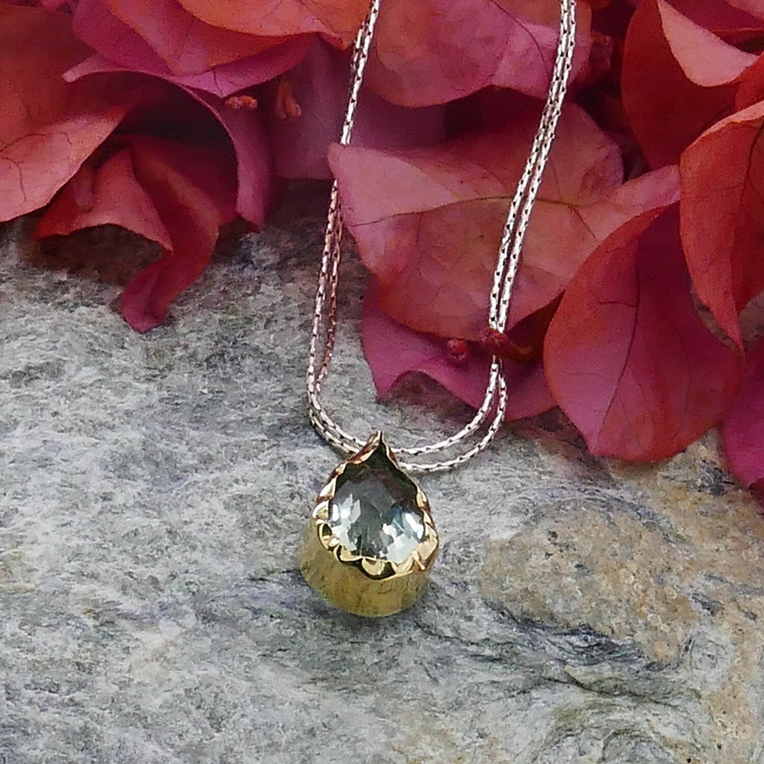 Two Tone Solid 9k Yellow Gold And 925 Sterling Silver Natural Green Amethyst Gemstone Pendant Chain Mixed Metal Necklace Gemstone Necklace