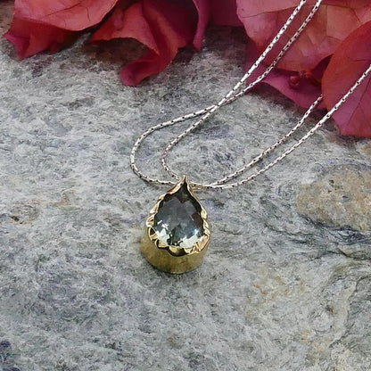 Two Tone Solid 9k Yellow Gold And 925 Sterling Silver Natural Green Amethyst Gemstone Pendant Chain Mixed Metal Necklace Gemstone Necklace