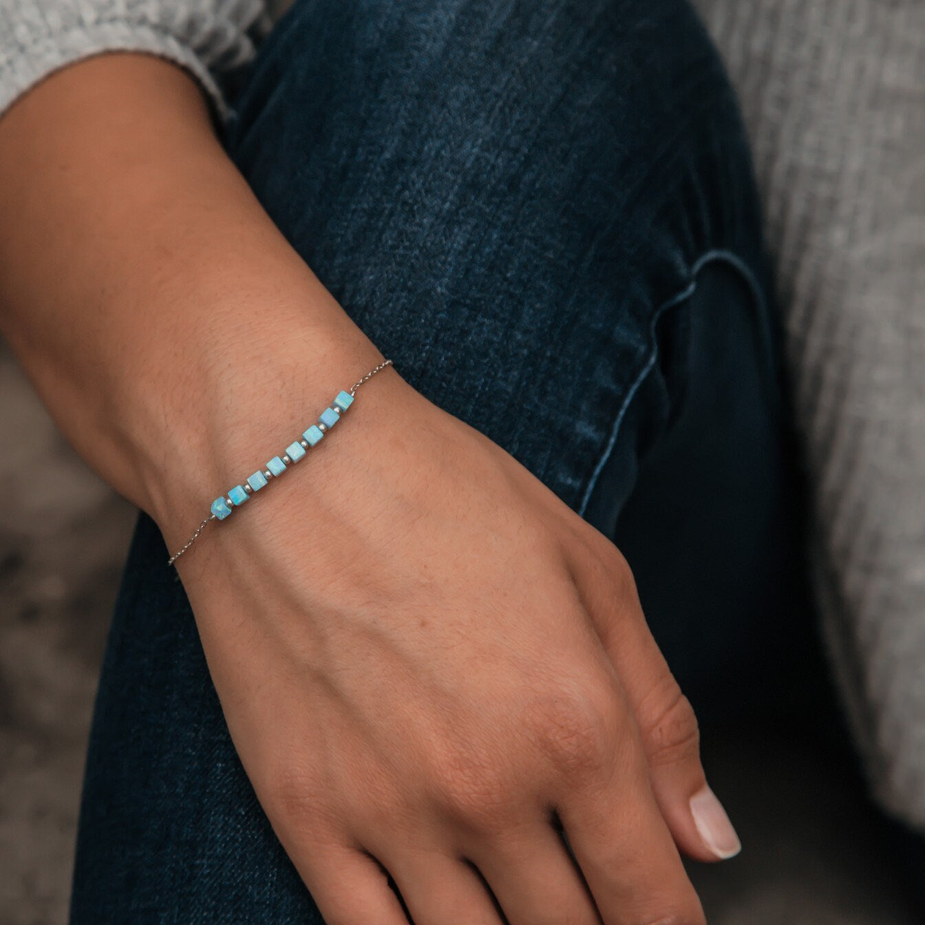 Handmade Blue Opal Beads Bracelet 925 Sterling Silver