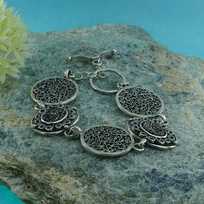 Druzy Silver Filigree Bracelet - Intricate Statement Jewelry