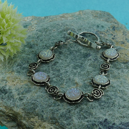 Handmade Druzy Silver Bracelet 925 Sterling Silver White Agate Druzy quartz Bracelet