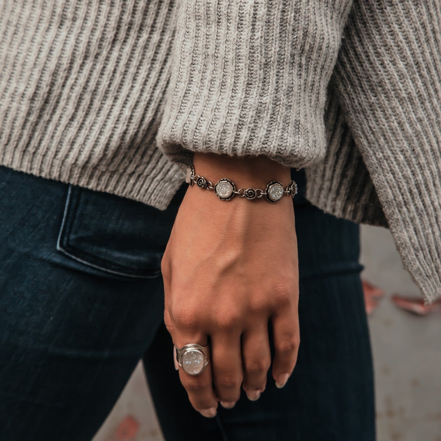 Handmade Druzy Silver Bracelet 925 Sterling Silver White Agate Druzy quartz Bracelet