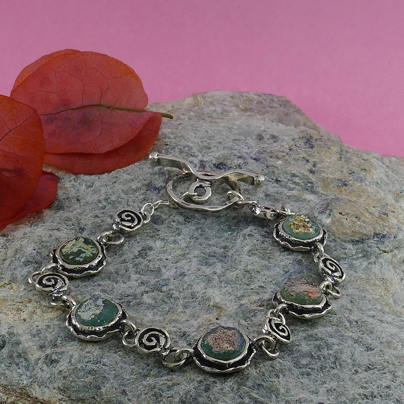 Handmade 925 Sterling Silver Acient Roman Glass Bracelet