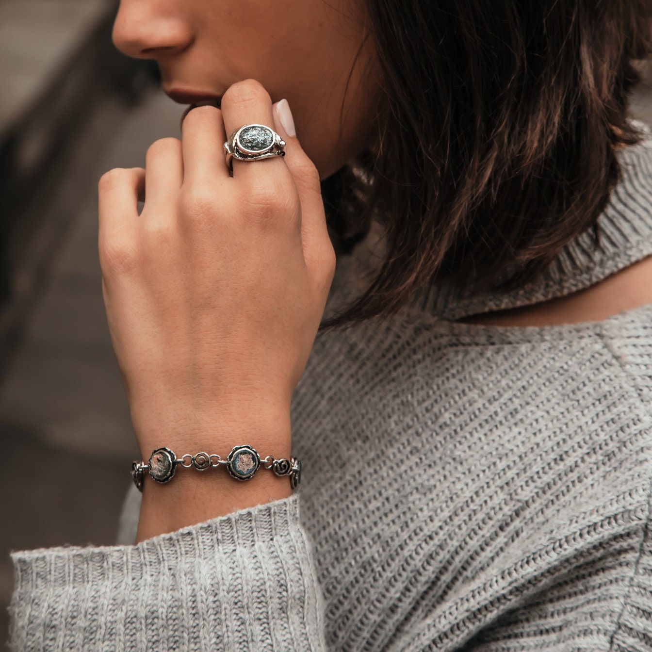 Handmade 925 Sterling Silver Acient Roman Glass Bracelet