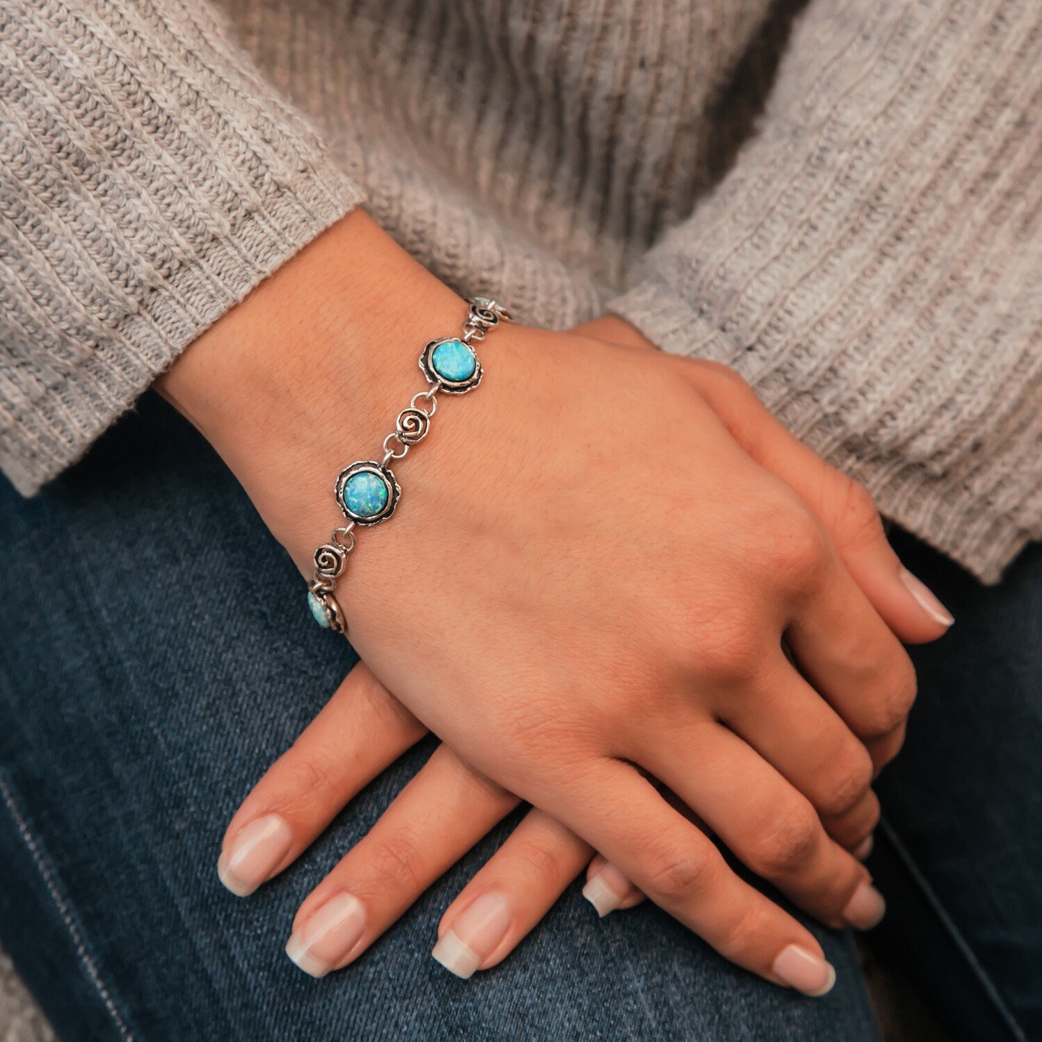 SPIRA Handcrafted 925 Sterling Silver Blue Opal Silver Gold Bracelet Length available: 6-8 inches Metal: 925 Sterling Silver Stone: Opal