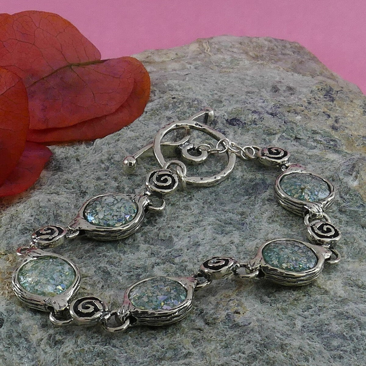 SPIRA Roman Glass Bracelet Handcrafted 925 Sterling Silver Green Roman Glass Chain and Link Silver Bohemian Bracelet Fast and Free Shipping!