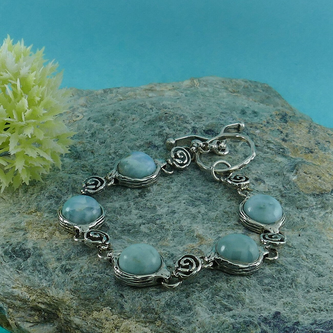 Natural Blue Larimar 925 Sterling Silver Bracelet