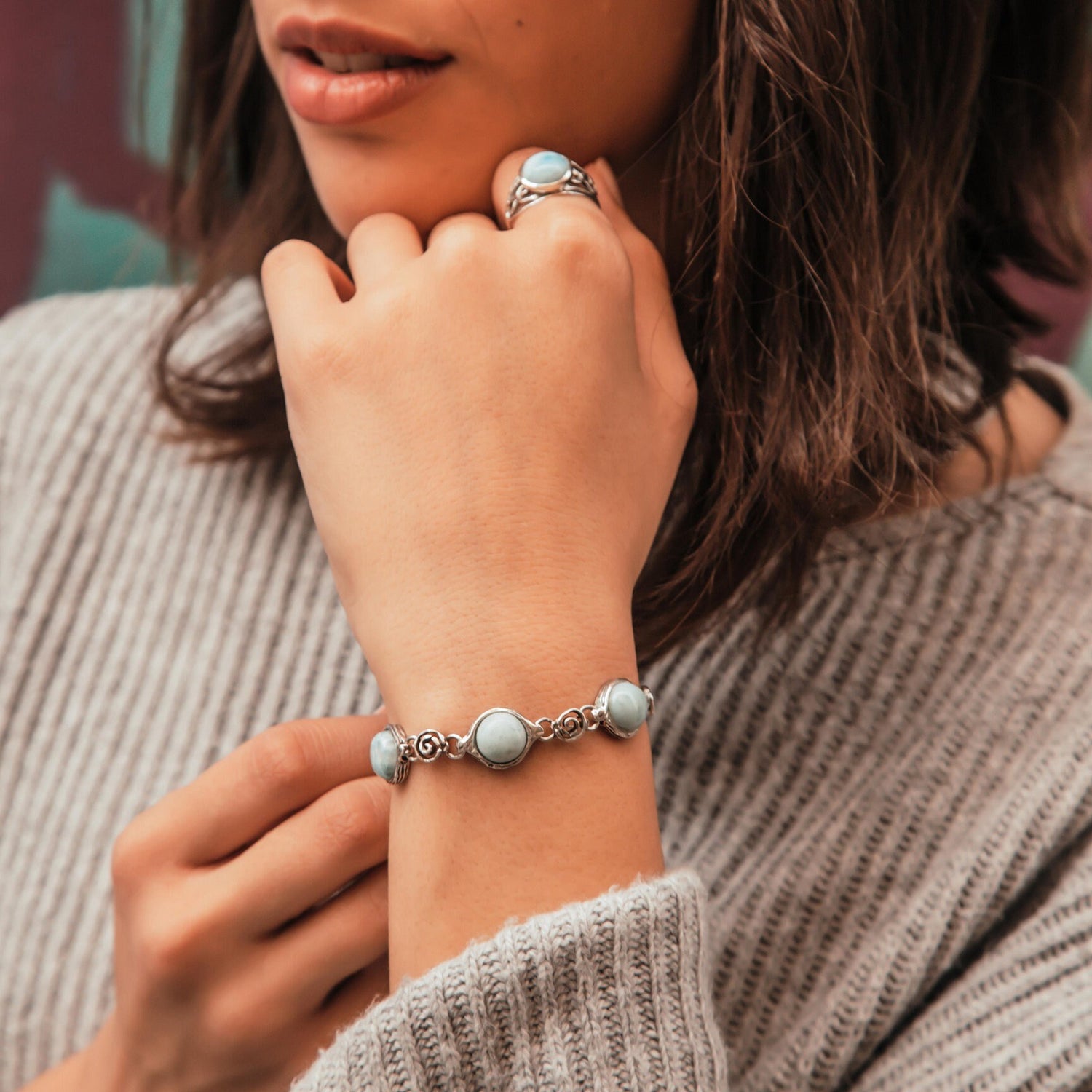 Natural Blue Larimar 925 Sterling Silver Bracelet