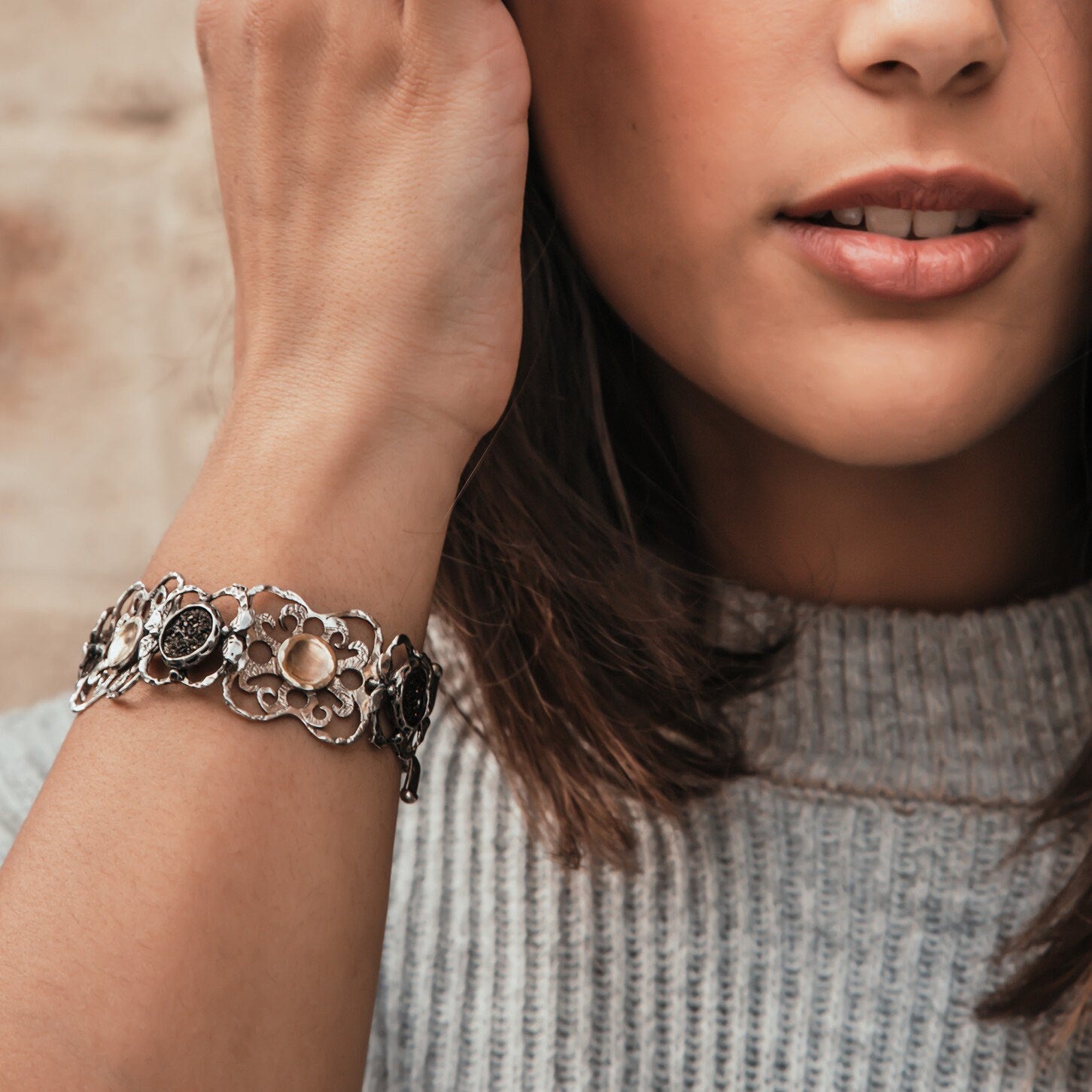 Mixed Metal Elegance - Silver and Gold Druzy Quartz Statement Bracelet