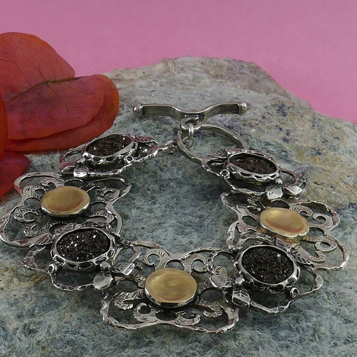 Mixed Metal Elegance - Silver and Gold Druzy Quartz Statement Bracelet