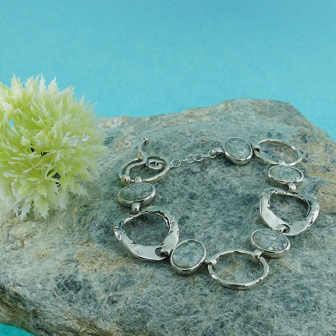 Ancient Elegance: Sterling Silver Roman Glass Statement Bracelet