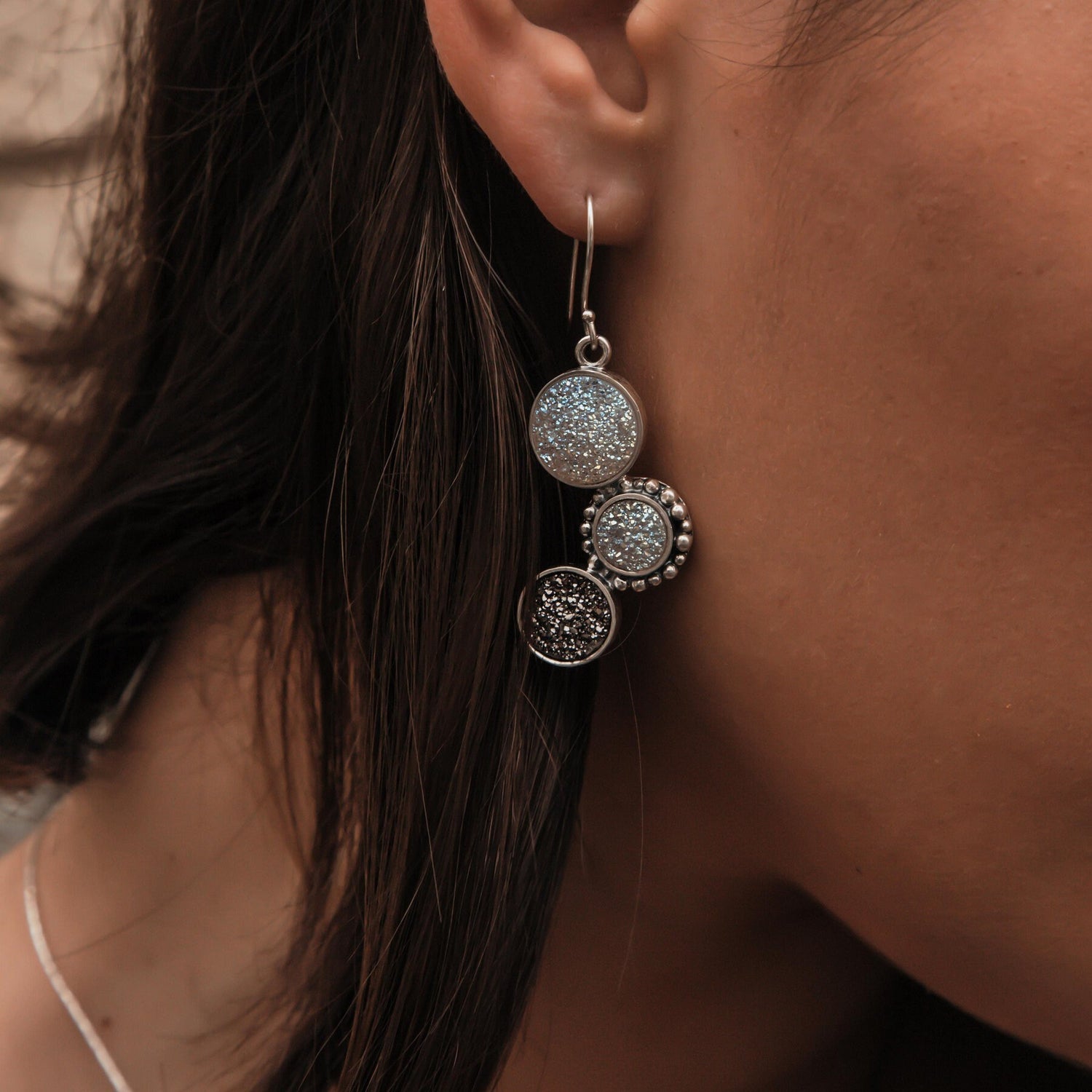 Elegance in Every Glint: Druzy Quartz Silver Statement Earrings