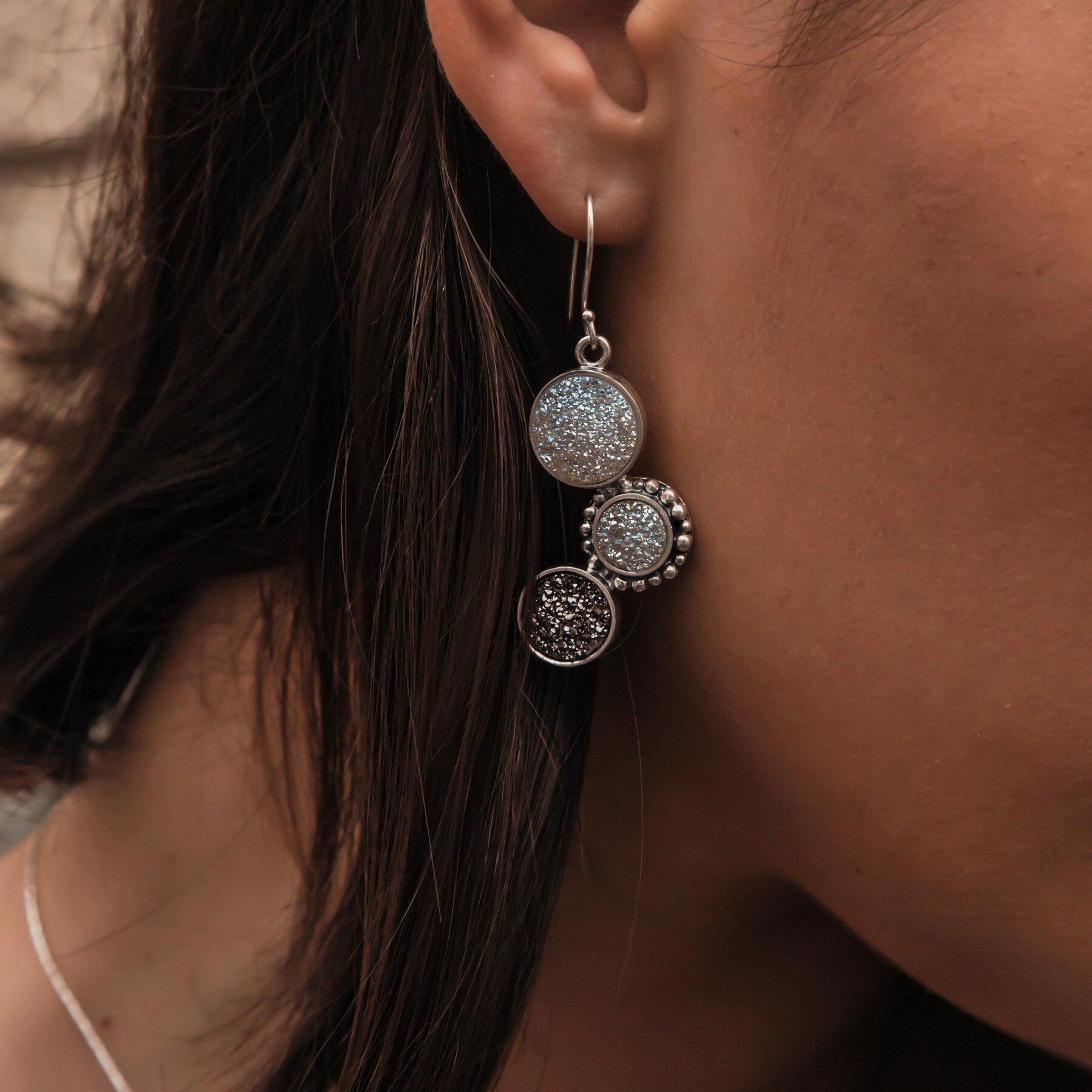 Elegance in Every Glint: Druzy Quartz Silver Statement Earrings