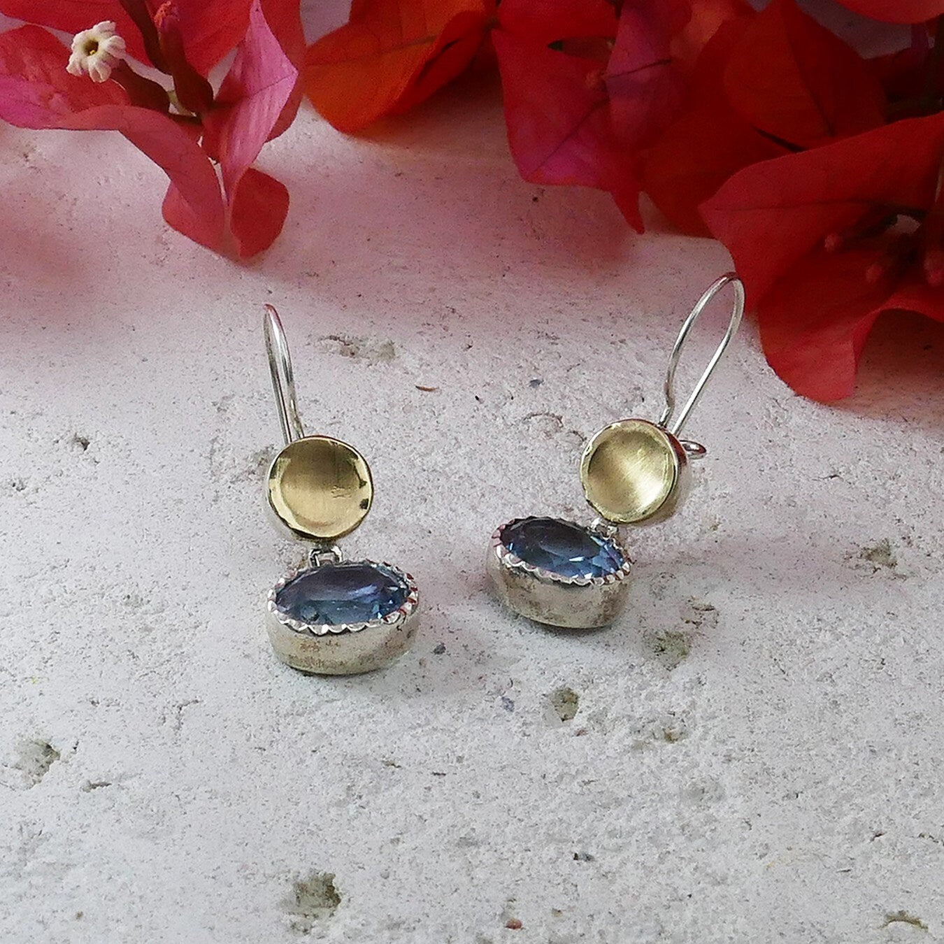 Natural Blue Topaz Gemstone Drop Earrings Two Tone Solid 9 karat Yellow Gold and 925 Sterling Silver Elegant earrings