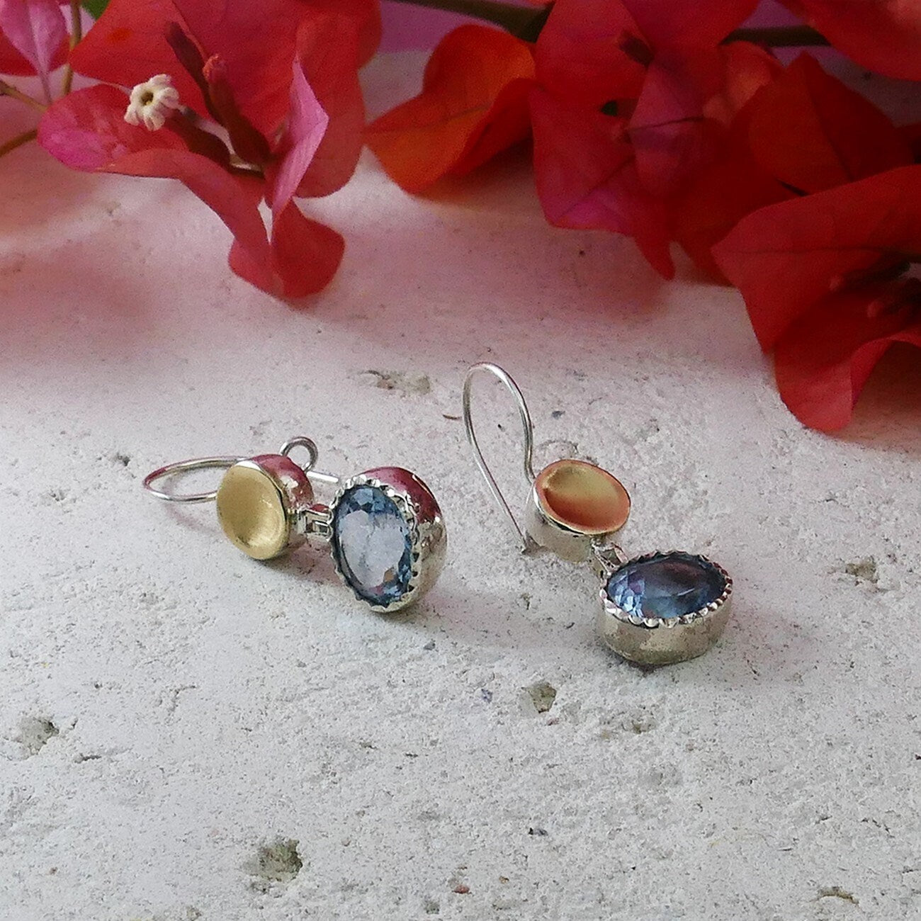 Natural Blue Topaz Gemstone Drop Earrings Two Tone Solid 9 karat Yellow Gold and 925 Sterling Silver Elegant earrings