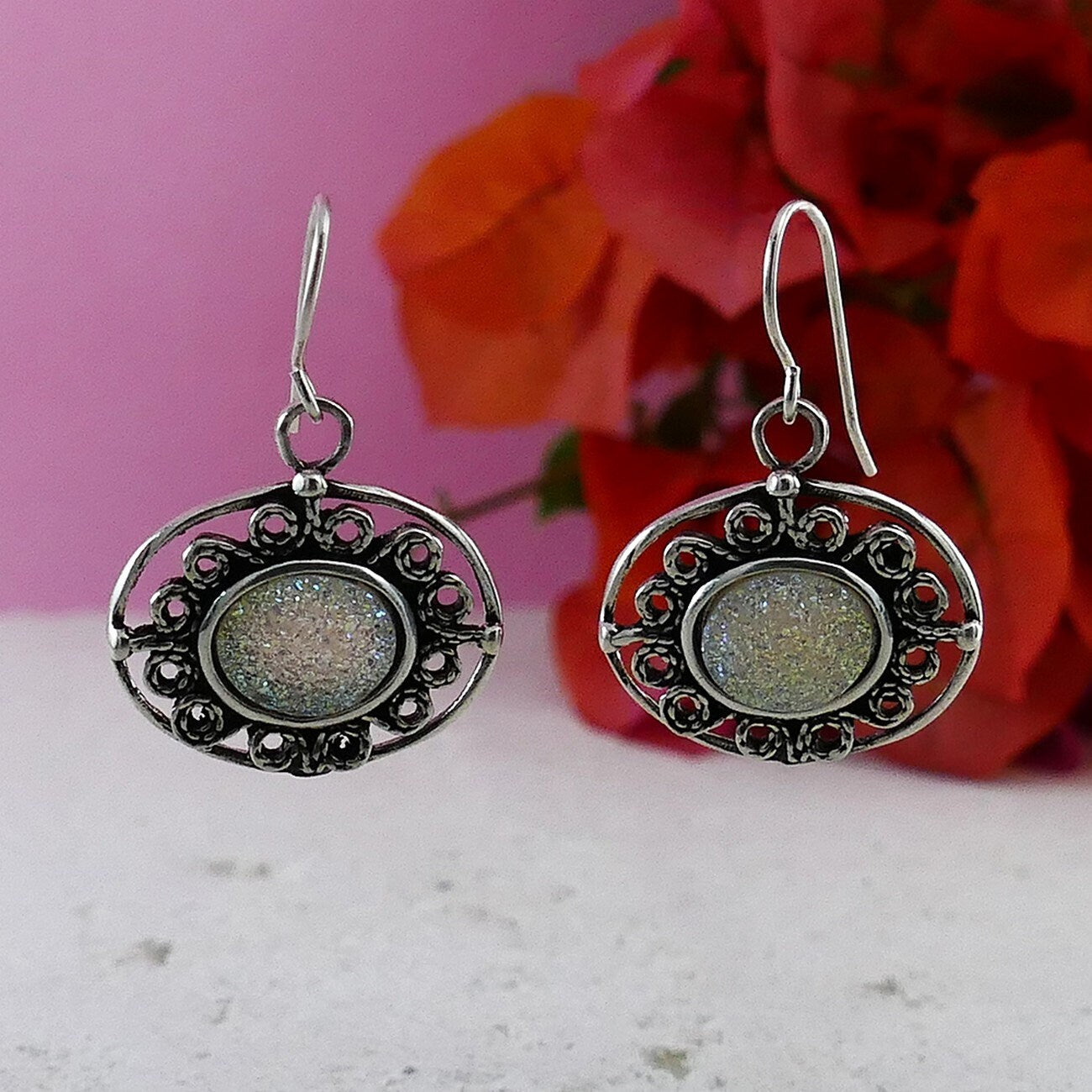 White Agate Druzy Stone 925 Sterling Silver Dangle Earrings Fast and Free Shipping! Gemstone earring Simple drop earrings