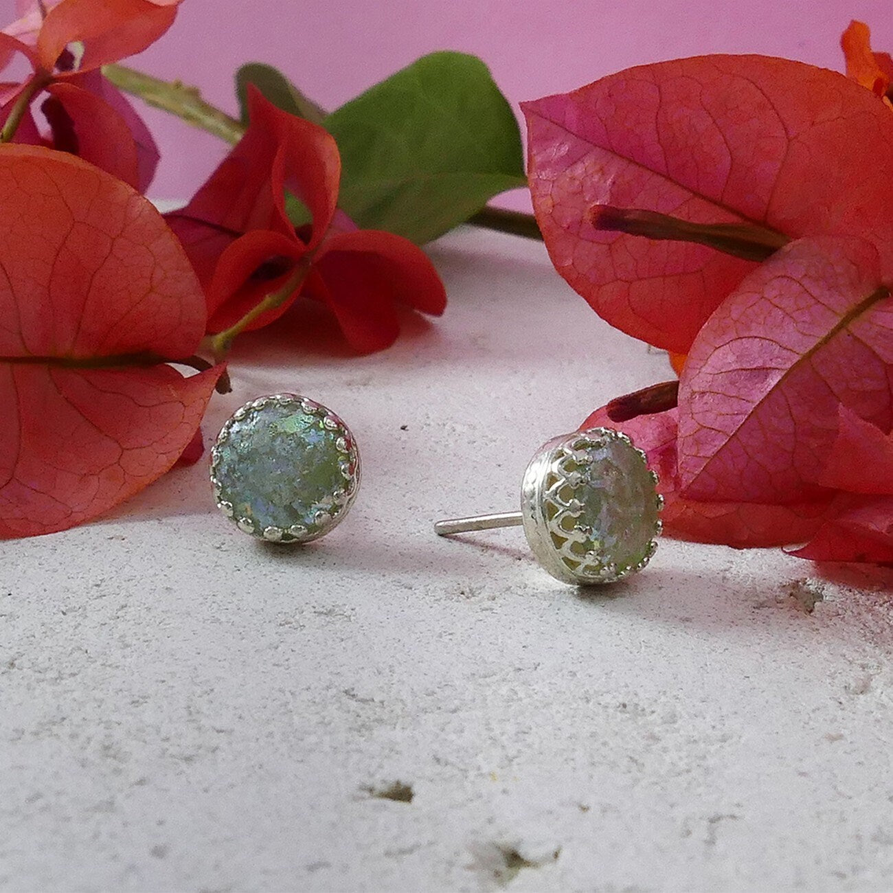 Unique Green Roman Glass Stone Earrings, 925 Sterling Silver Stud Earrings, Handcrafted Simple Everyday Israeli Jewelry