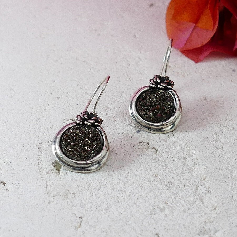 Ethereal Radiance: Handcrafted Silver Grey Druzy Quartz Earrings