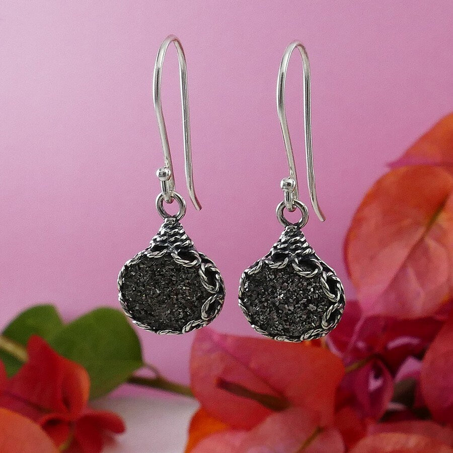 Natural crystal quartz Gray Agate Druzy earring 925 Sterling Silver Everyday Dangle Earrings