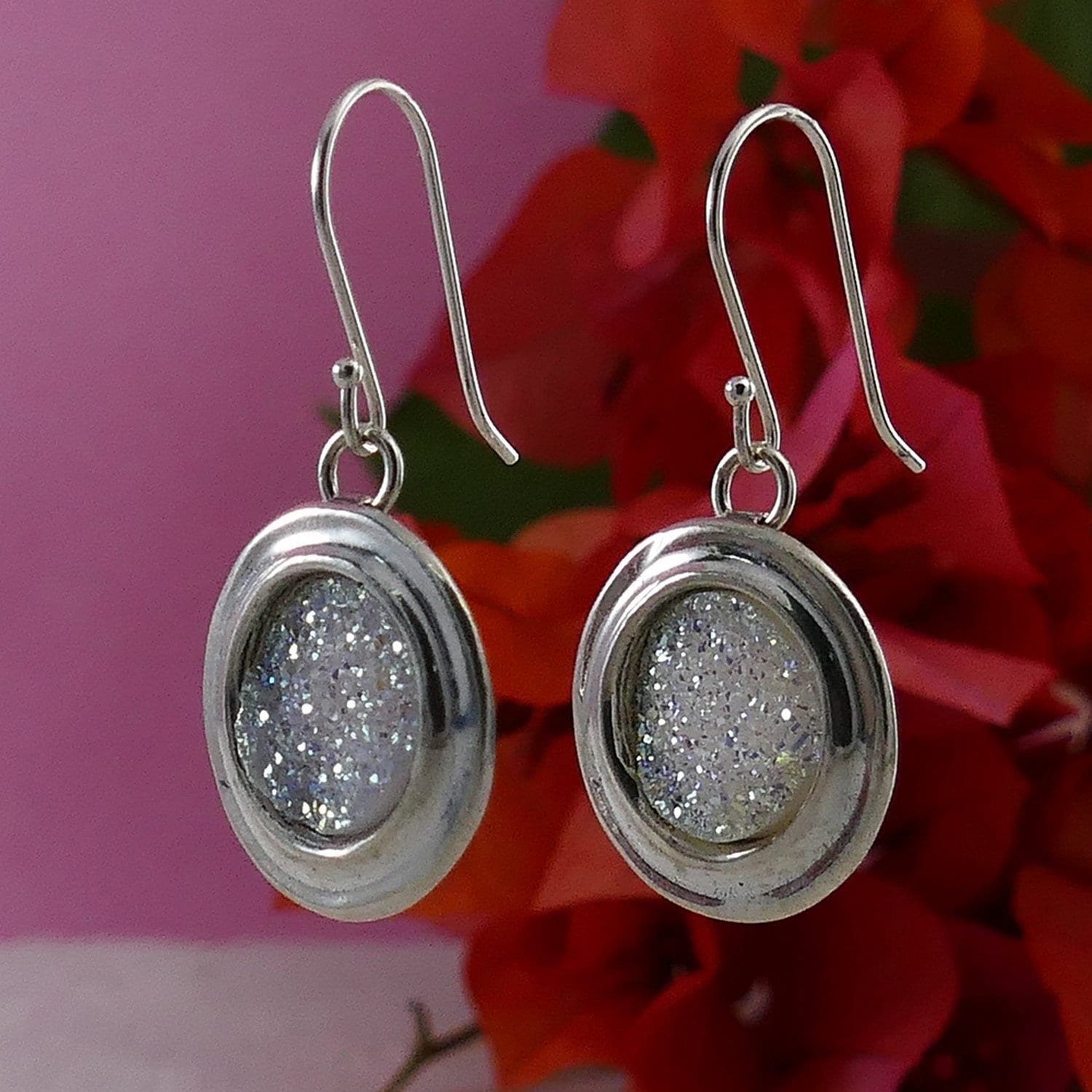 White Agate Druzy Stone 925 Sterling Silver Handcrafted Dangle Earrings