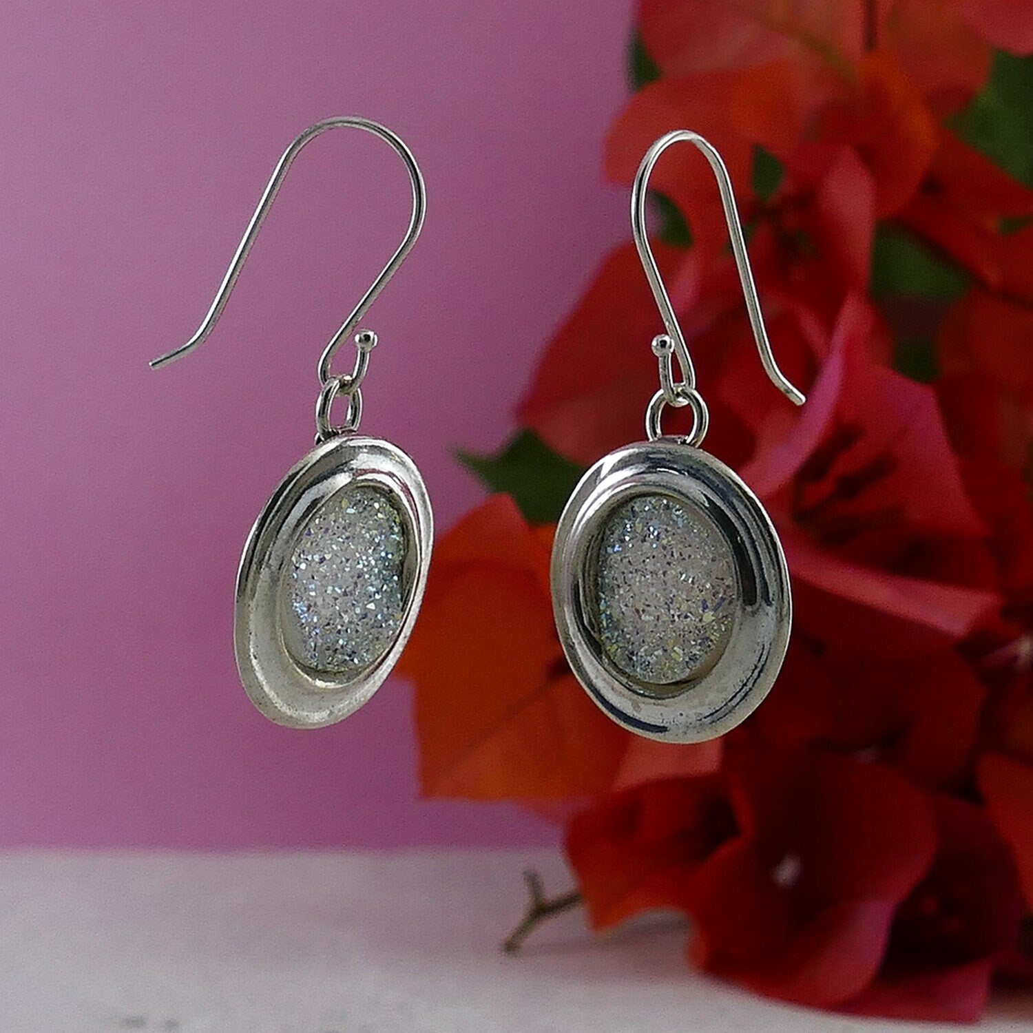 White Agate Druzy Stone 925 Sterling Silver Handcrafted Dangle Earrings