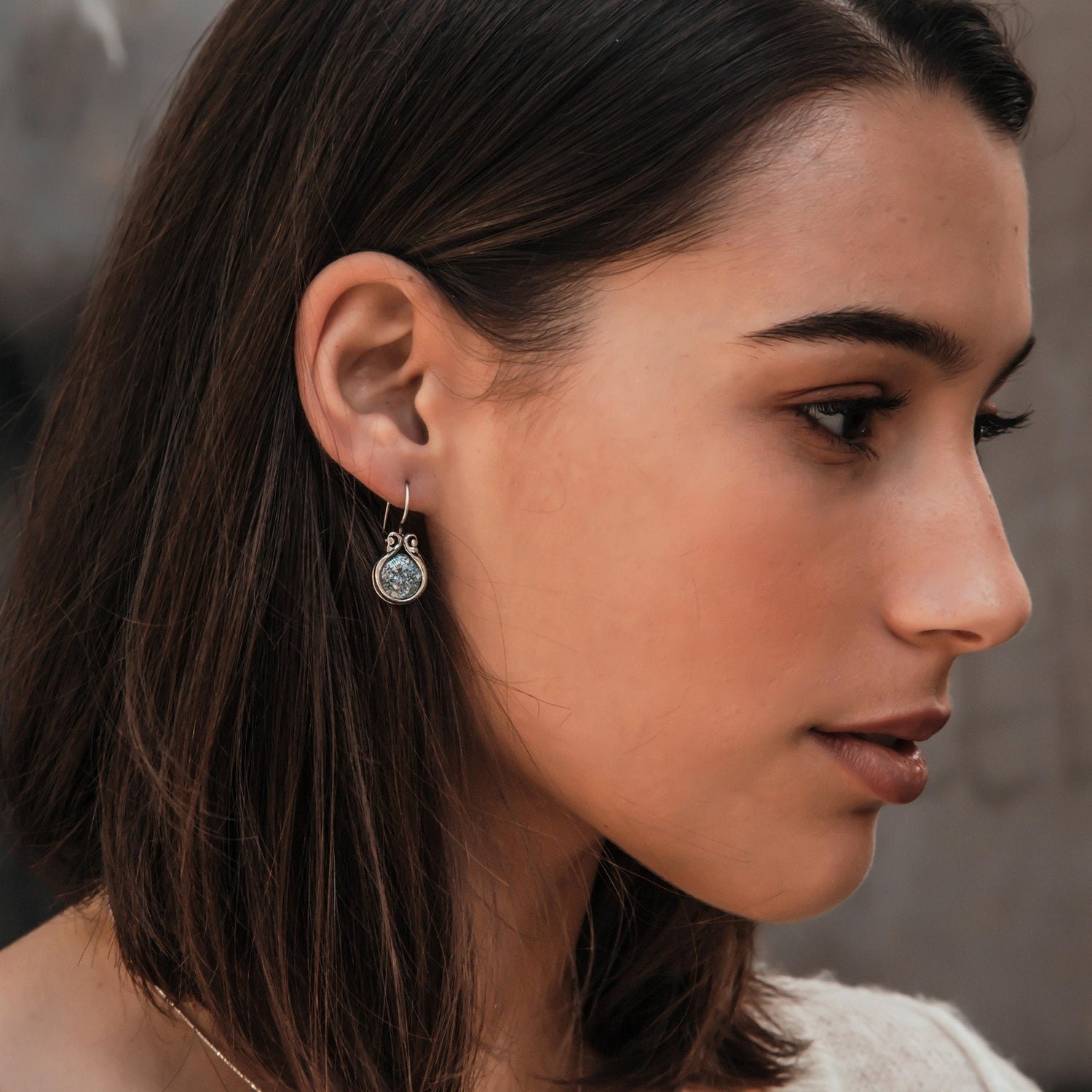 Sterling Silver Dangle Earrings with Green Roman Glass, Handmade Drop Earrings, Unique Jewelry Gift, Made in Israel