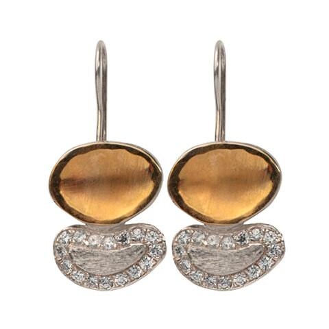 Handcrafted Two Tone Solid 9k Yellow Gold And 925 Sterling Silver Drop/Dangle Earrings 0.48 Carat White Cubic Zirconia Stone Free Shipping!