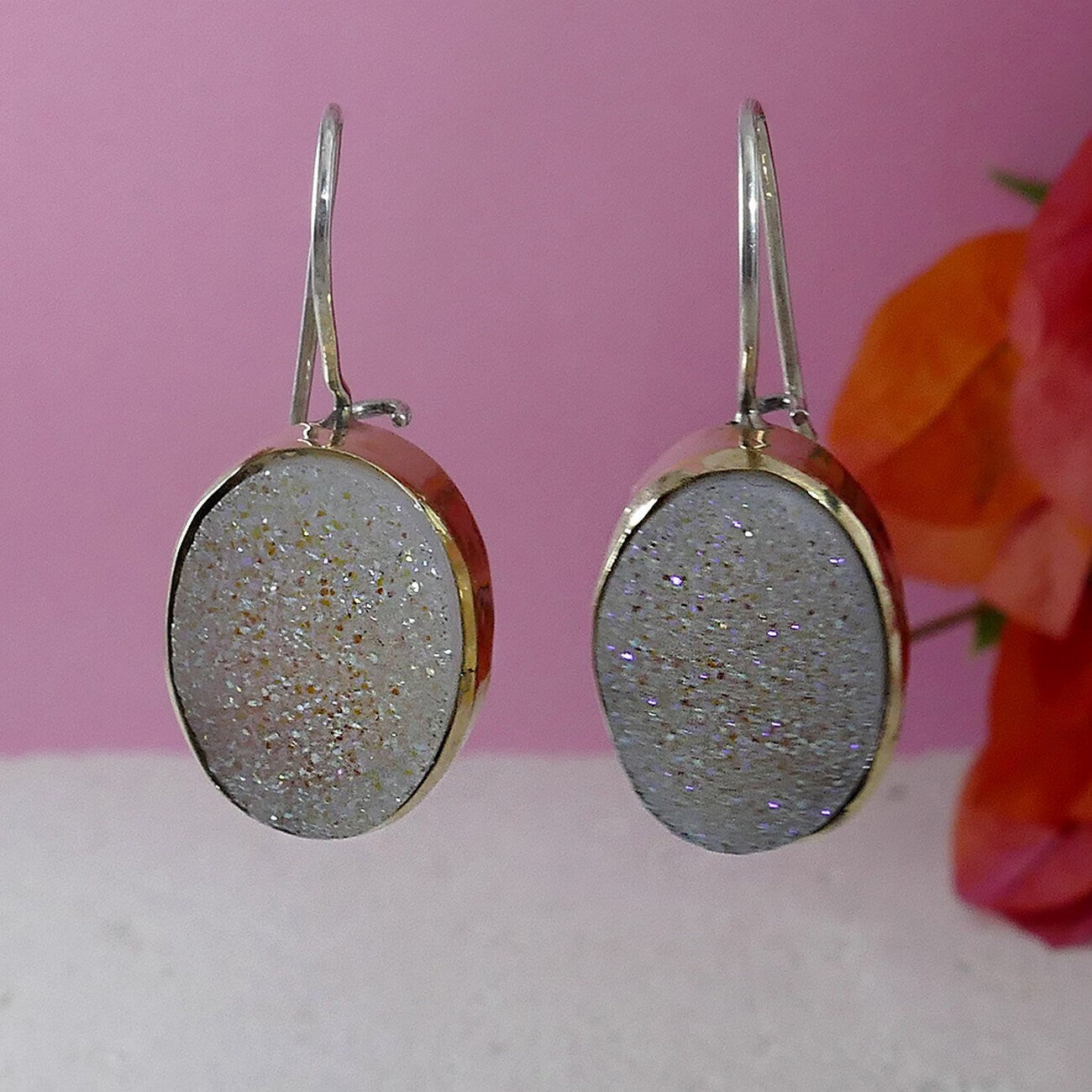 Unique White Agate Druzy Stone Two Tone Dangle Earrings Solid 9 karat Yellow Gold And 925 Sterling Silver