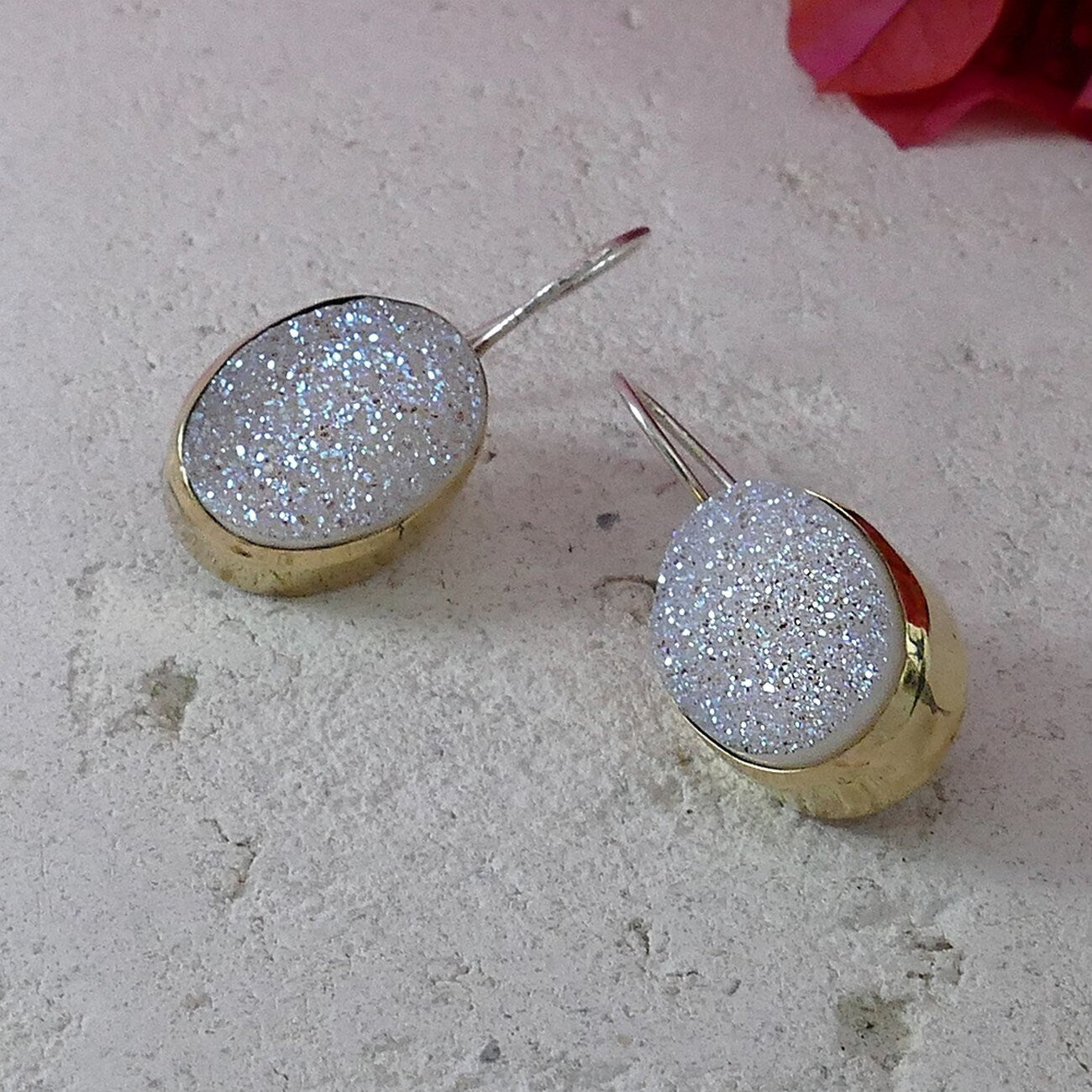 Unique White Agate Druzy Stone Two Tone Dangle Earrings Solid 9 karat Yellow Gold And 925 Sterling Silver