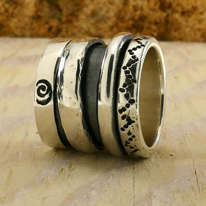 SPIRA Handcrafted Contemporary Design Two Tone Solid 9k Yellow Gold &amp; 925 Sterling Silver Spinner Ring,Gypsy ring,Bohemian ring, Hippie ring