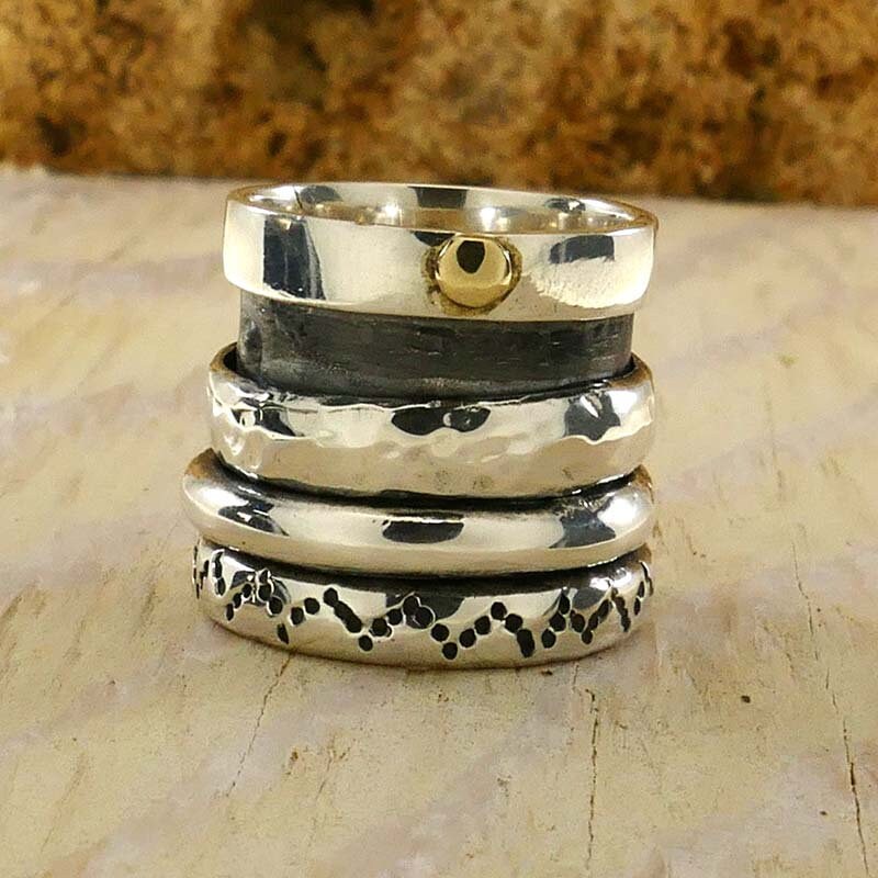 SPIRA Handcrafted Contemporary Design Two Tone Solid 9k Yellow Gold &amp; 925 Sterling Silver Spinner Ring,Gypsy ring,Bohemian ring, Hippie ring