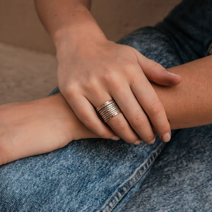 SPIRA Handcrafted Unique Mixed metal ring Two Tone Solid 9k Yellow &amp; Rose Gold And 925 Sterling Silver Stackable Ring, Large ring Gypsy ring