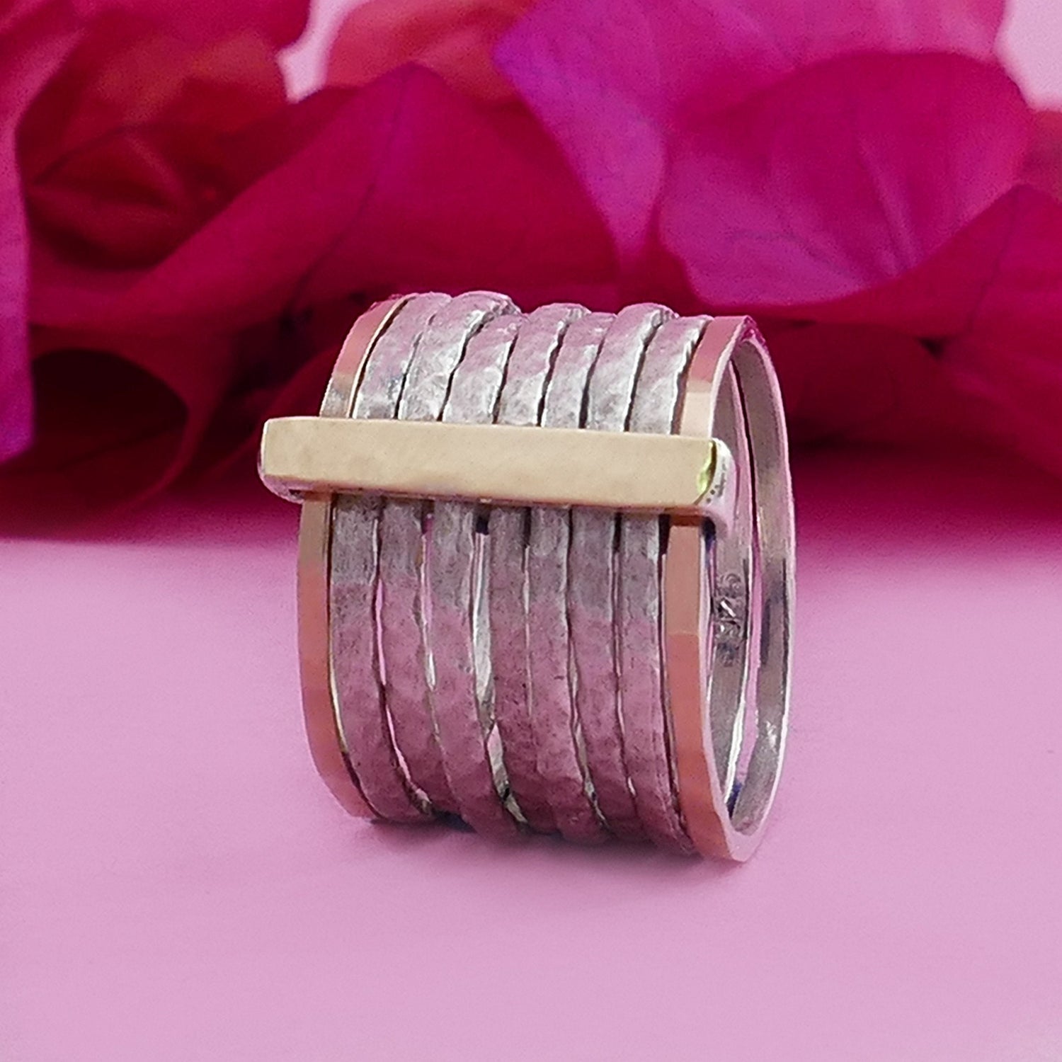 SPIRA Handcrafted Unique Mixed metal ring Two Tone Solid 9k Yellow &amp; Rose Gold And 925 Sterling Silver Stackable Ring, Large ring Gypsy ring