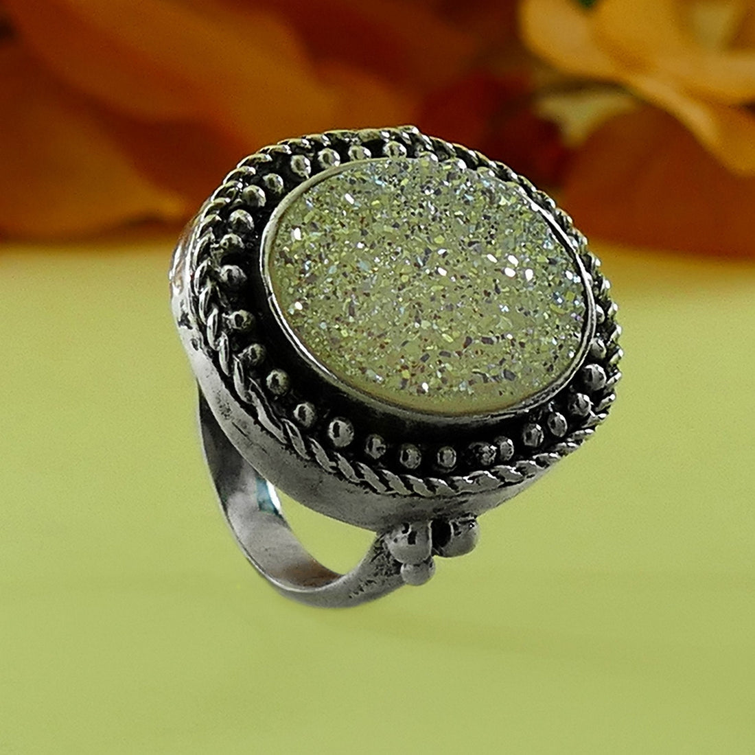 White Agate Druzy 925 Sterling Silver Statement Ring, Bohemian ring