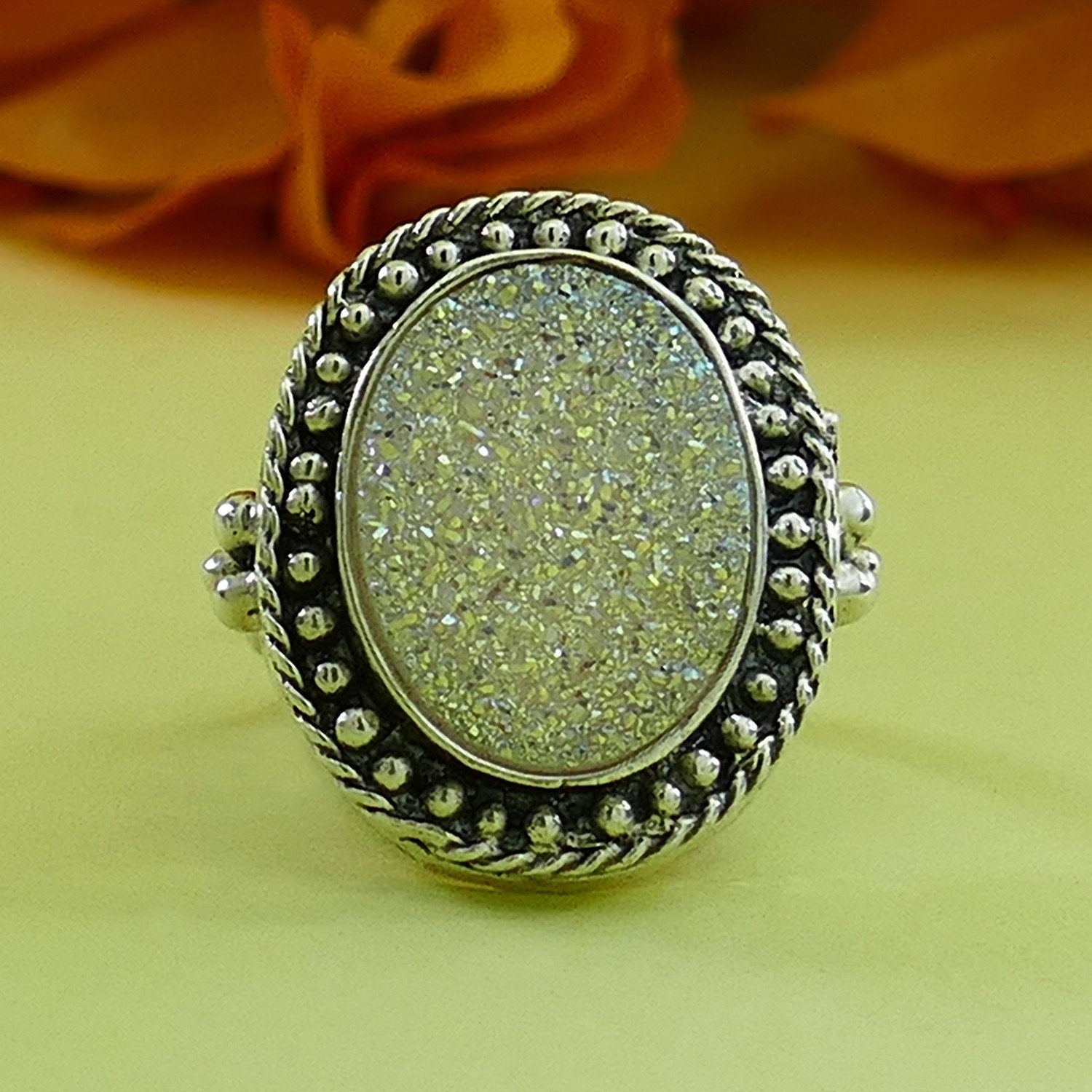 White Agate Druzy 925 Sterling Silver Statement Ring, Bohemian ring