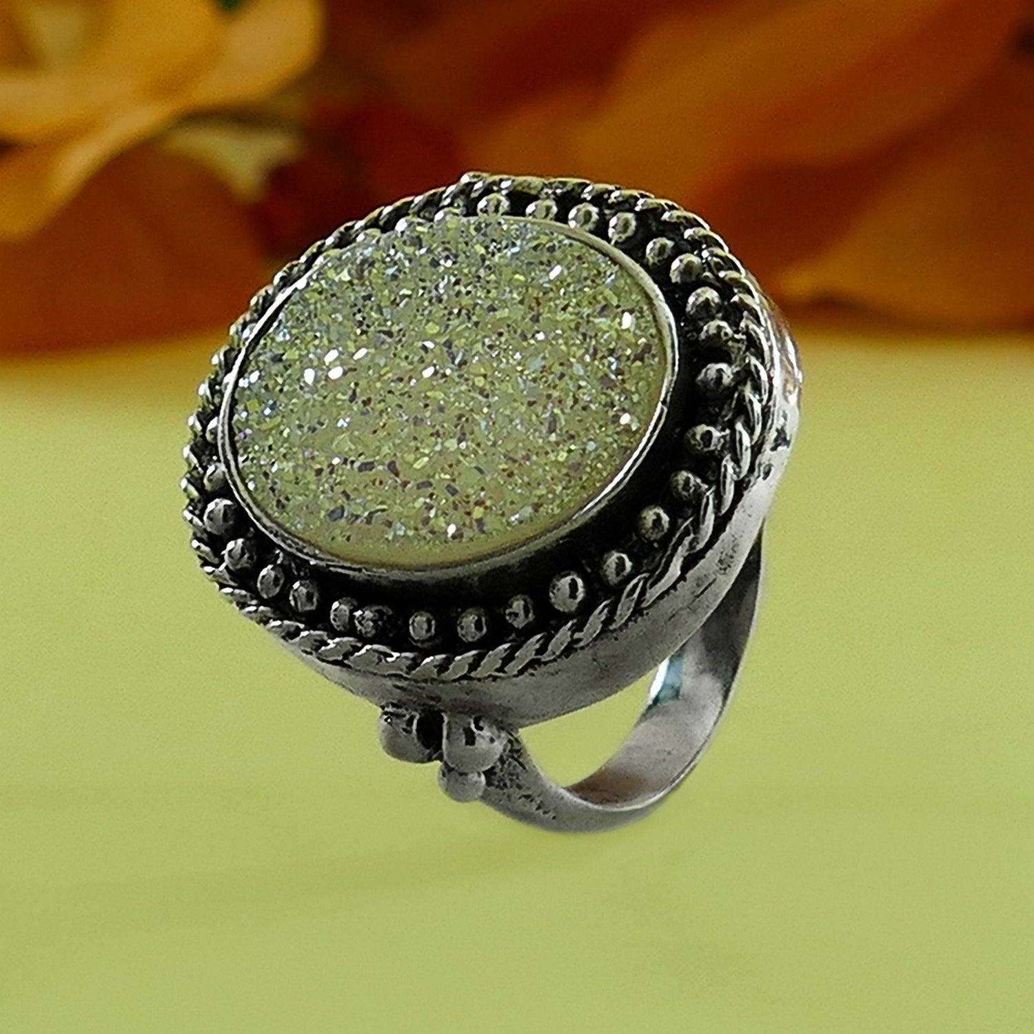 White Agate Druzy 925 Sterling Silver Statement Ring, Bohemian ring