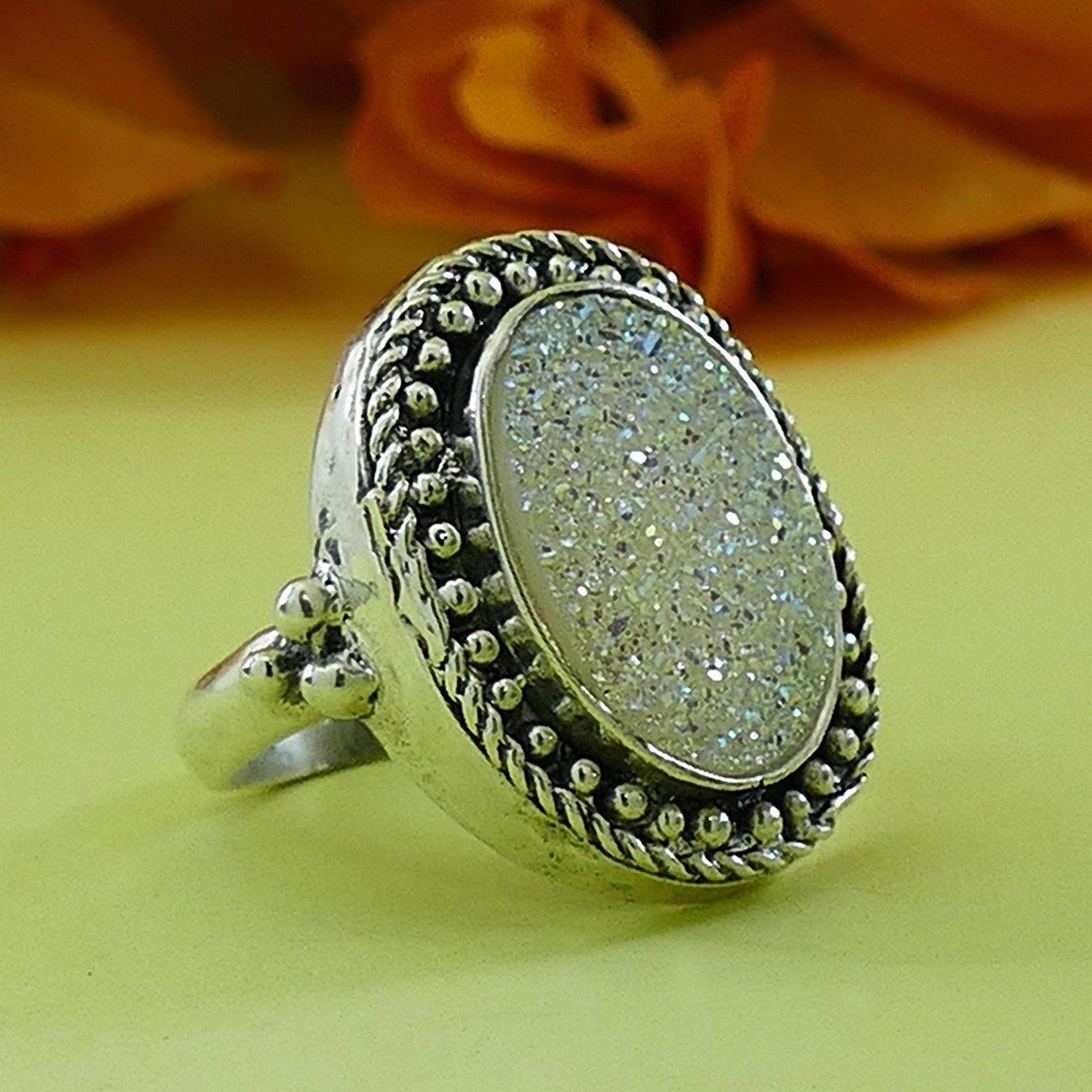 White Agate Druzy 925 Sterling Silver Statement Ring, Bohemian ring