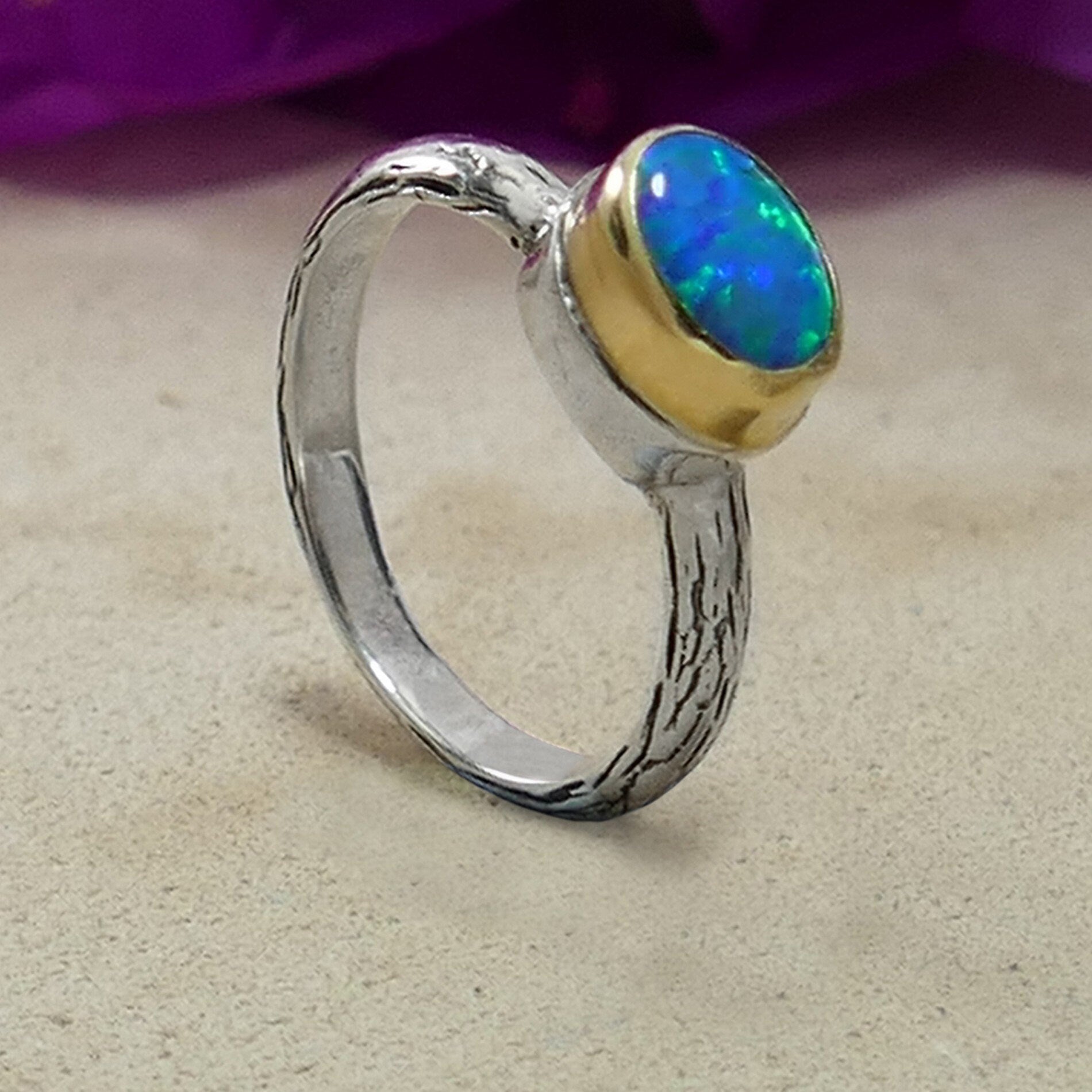 Blue Opal Mixed Metal Ring Two Tone Solid 9 karat Yellow Gold and 925 Sterling Silver