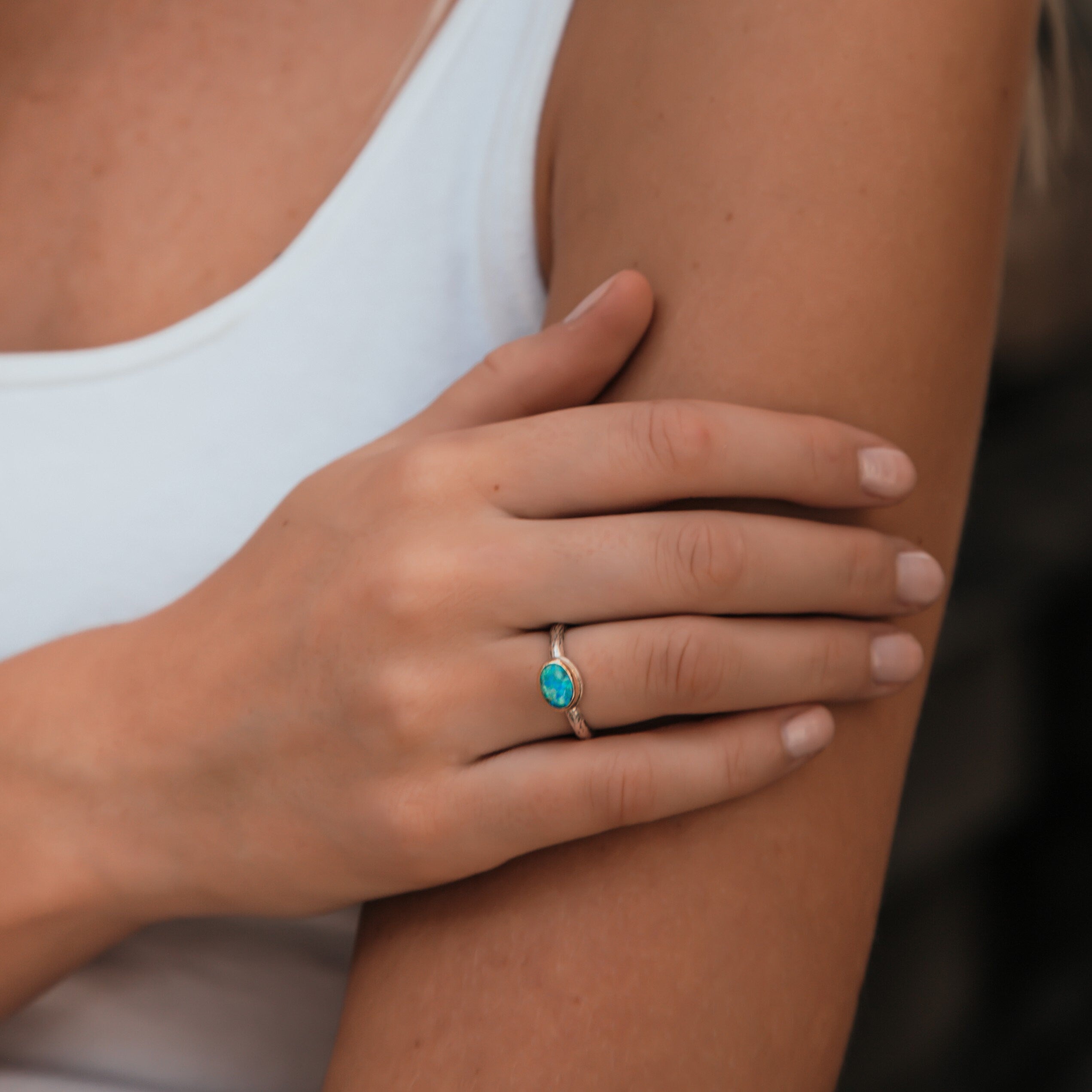 Blue Opal Mixed Metal Ring Two Tone Solid 9 karat Yellow Gold and 925 Sterling Silver