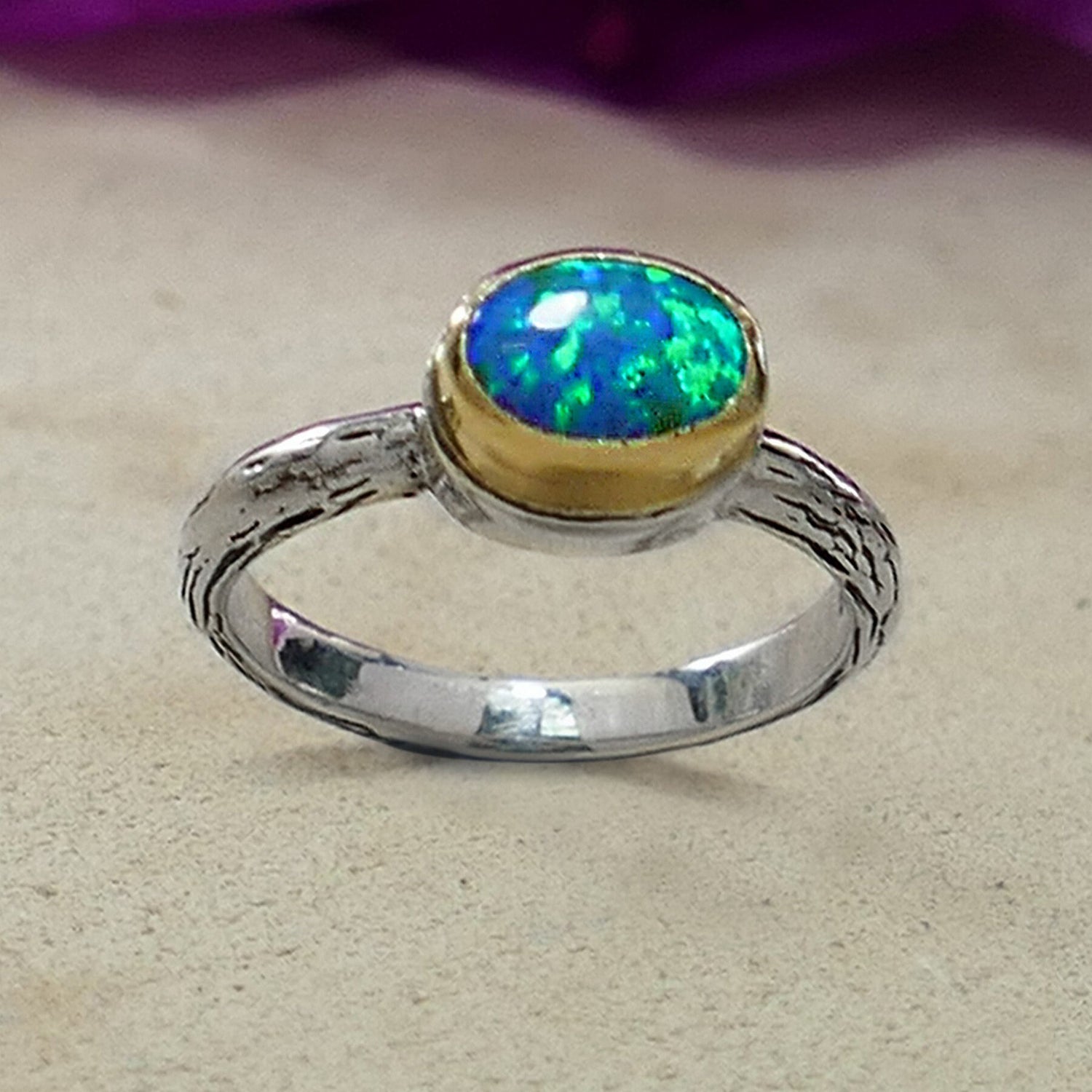 Blue Opal Mixed Metal Ring Two Tone Solid 9 karat Yellow Gold and 925 Sterling Silver