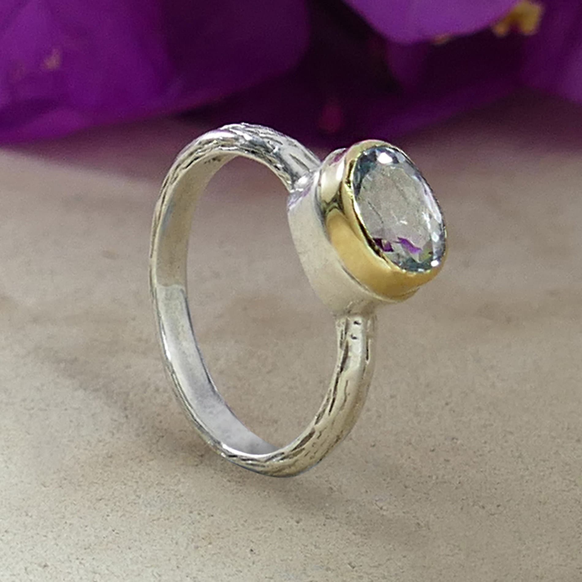 Blue Topaz Mixed Metal Ring 1.7 Carat Natural Blue Topaz Gemstone Two Tone Solid 9k Yellow Gold&amp;925 Sterling Silver Solitaire Ring Gemstone