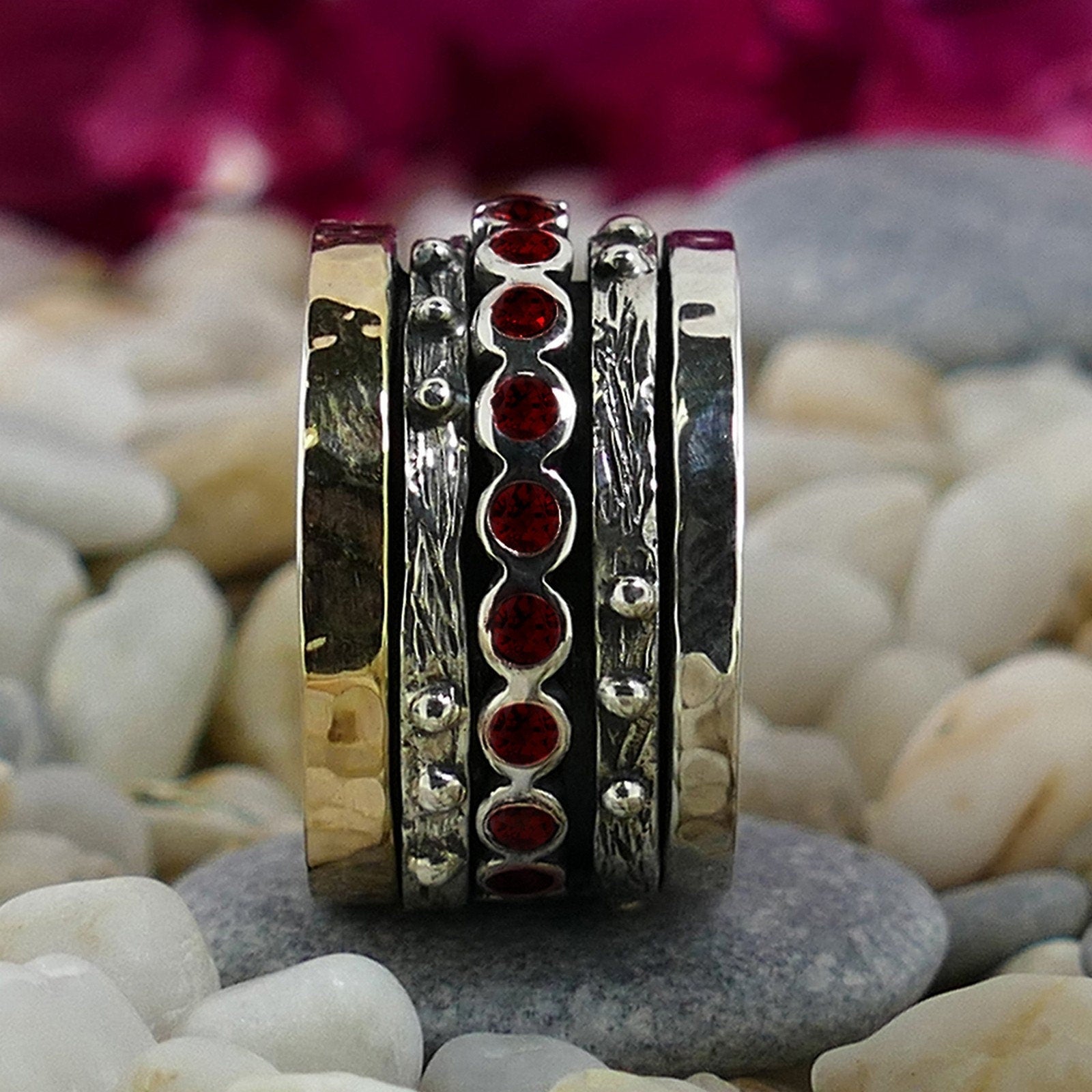 Natural Red Garnet Gemstone Ring, 1.6 Carat Mixed Metal Two Tone Ring, Spinner Ring in 9k Gold and Sterling Silver