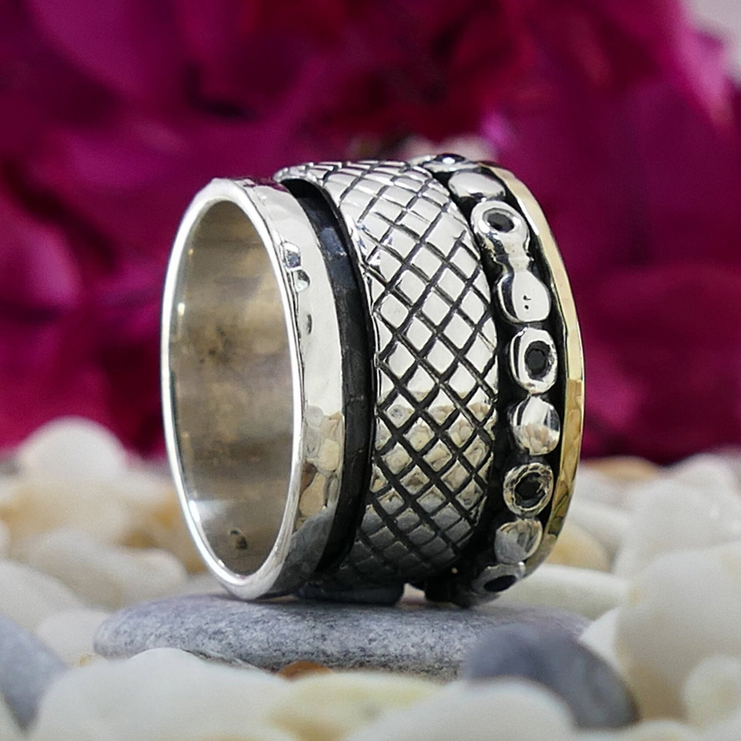 Two Tone Spinner Ring Black Spinel Gemstone 925 Sterling Silver Solid 9 karat Yellow Gold Bohemian ring