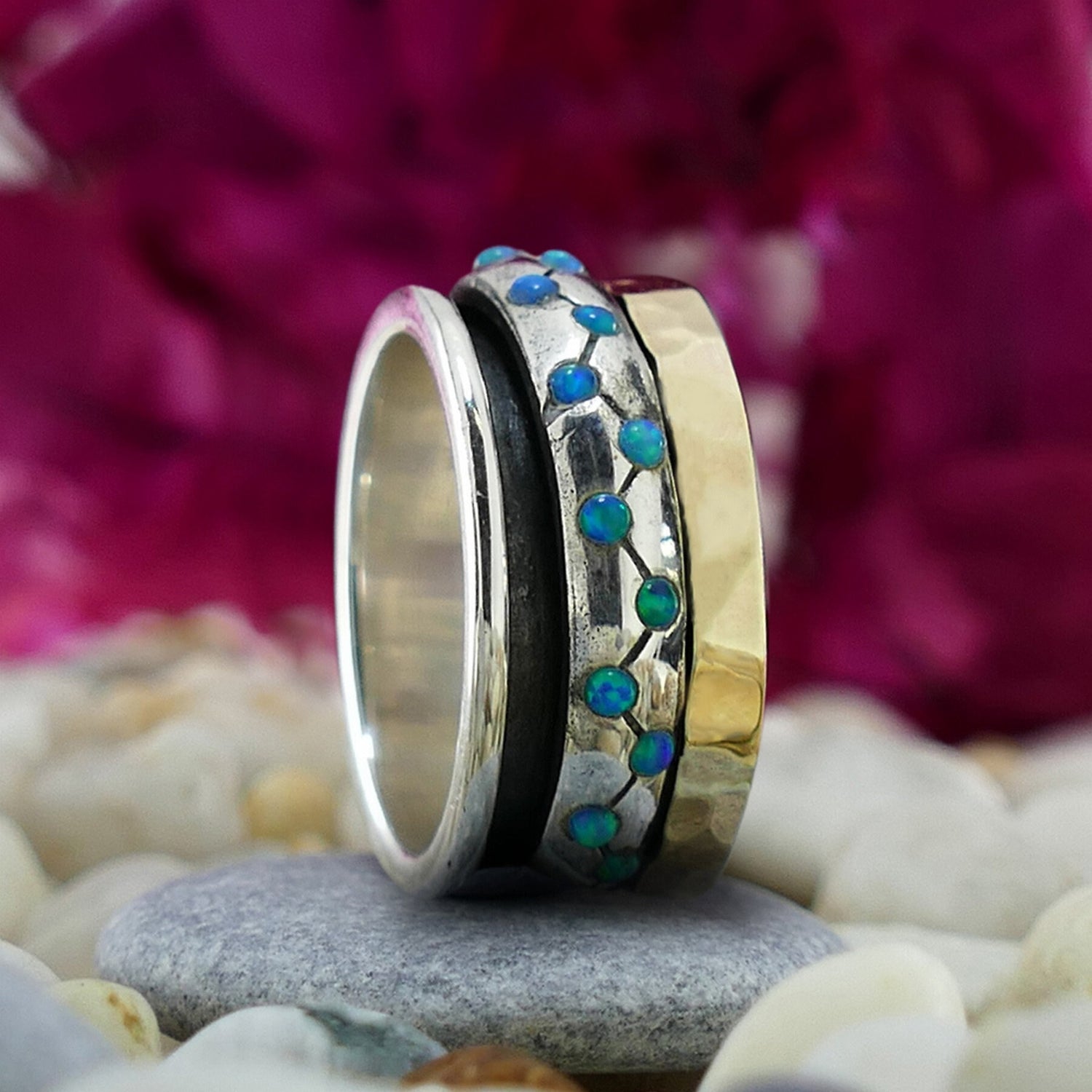 Where Style and Meaning Intertwine: Unique Blue Opal Silver and Gold Spinner Ring that Speak Volumes