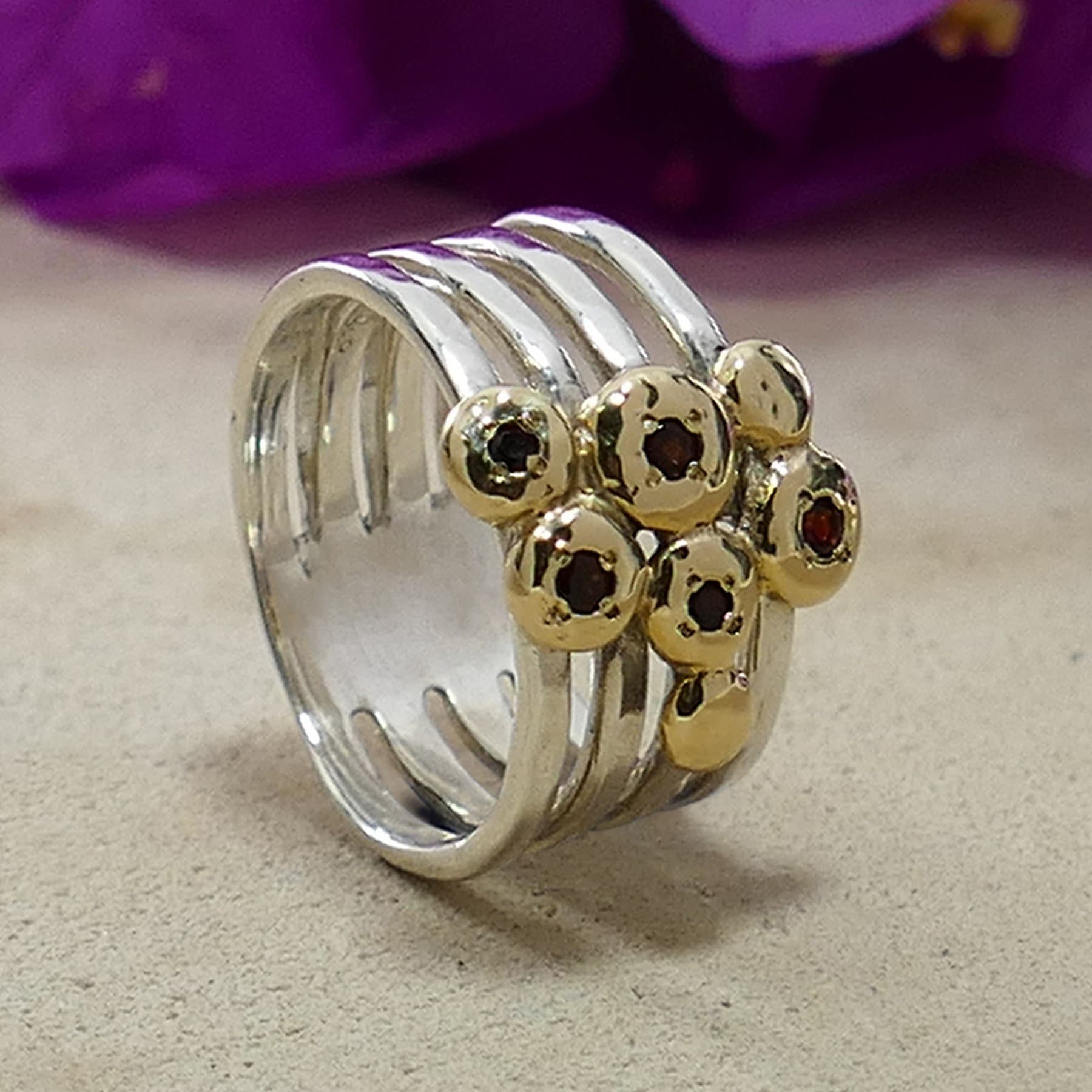 0.4 Carat Natural Red Garnet Gemstone Mixed metal Ring Two Tone Solid 9k Yellow Gold and 925 Sterling Silver Statement Ring Gemstone ring