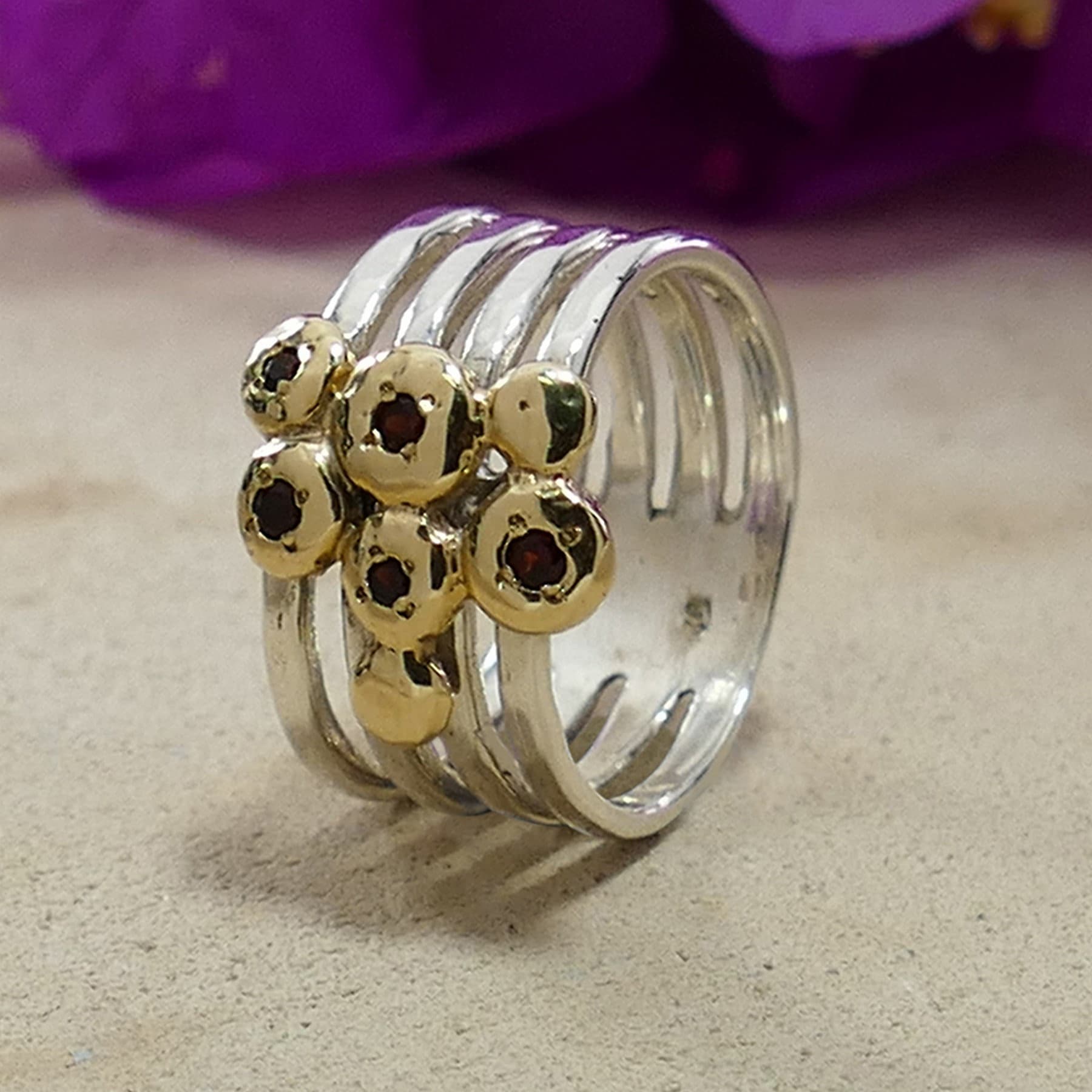 0.4 Carat Natural Red Garnet Gemstone Mixed metal Ring Two Tone Solid 9k Yellow Gold and 925 Sterling Silver Statement Ring Gemstone ring