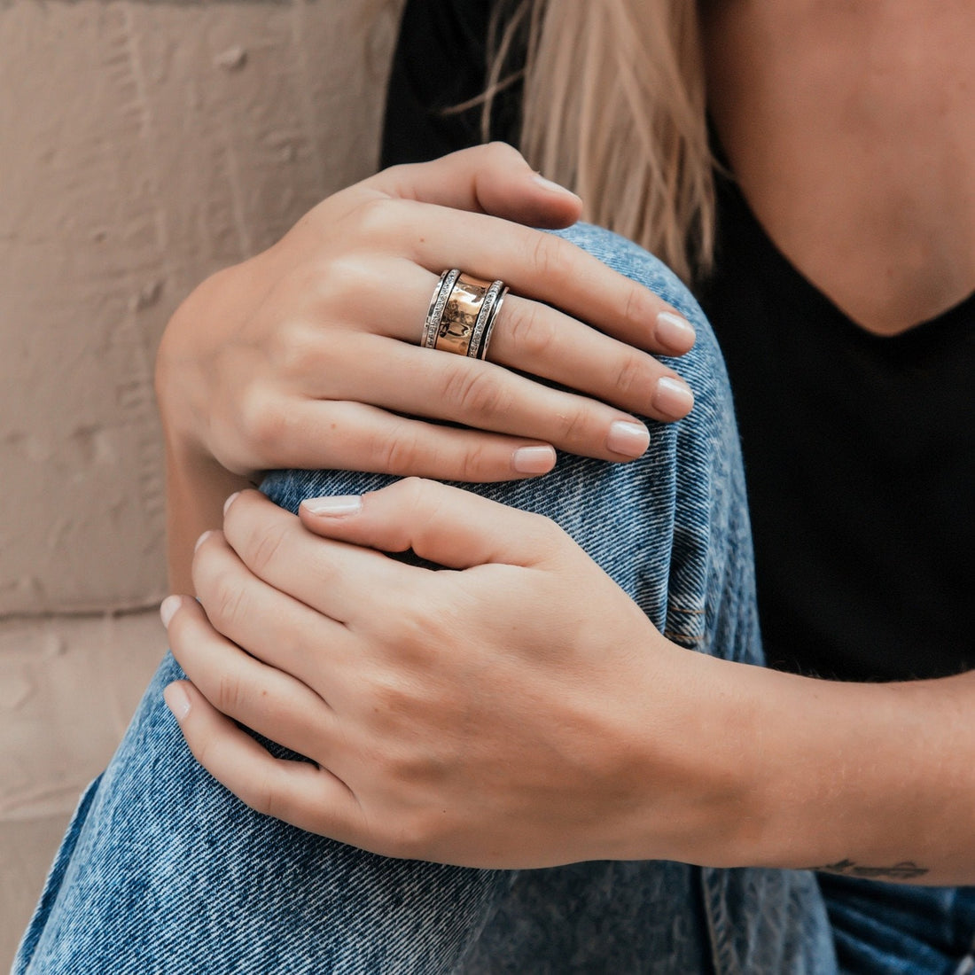 Unique Mixed Metal Spinner Ring White Cubic Zirconia Stone Two Tone Solid 9k Yellow Gold &amp; 925 Sterling Silver Set,Gypsy ring, Bohemian ring