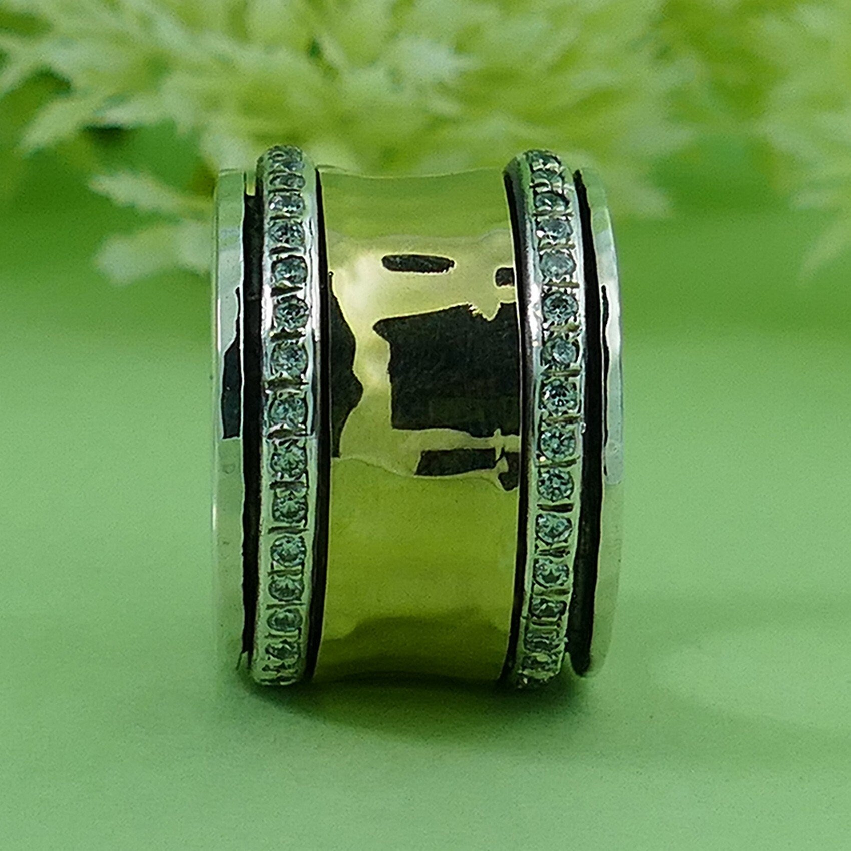 Unique Mixed Metal Spinner Ring White Cubic Zirconia Stone Two Tone Solid 9k Yellow Gold &amp; 925 Sterling Silver Set,Gypsy ring, Bohemian ring